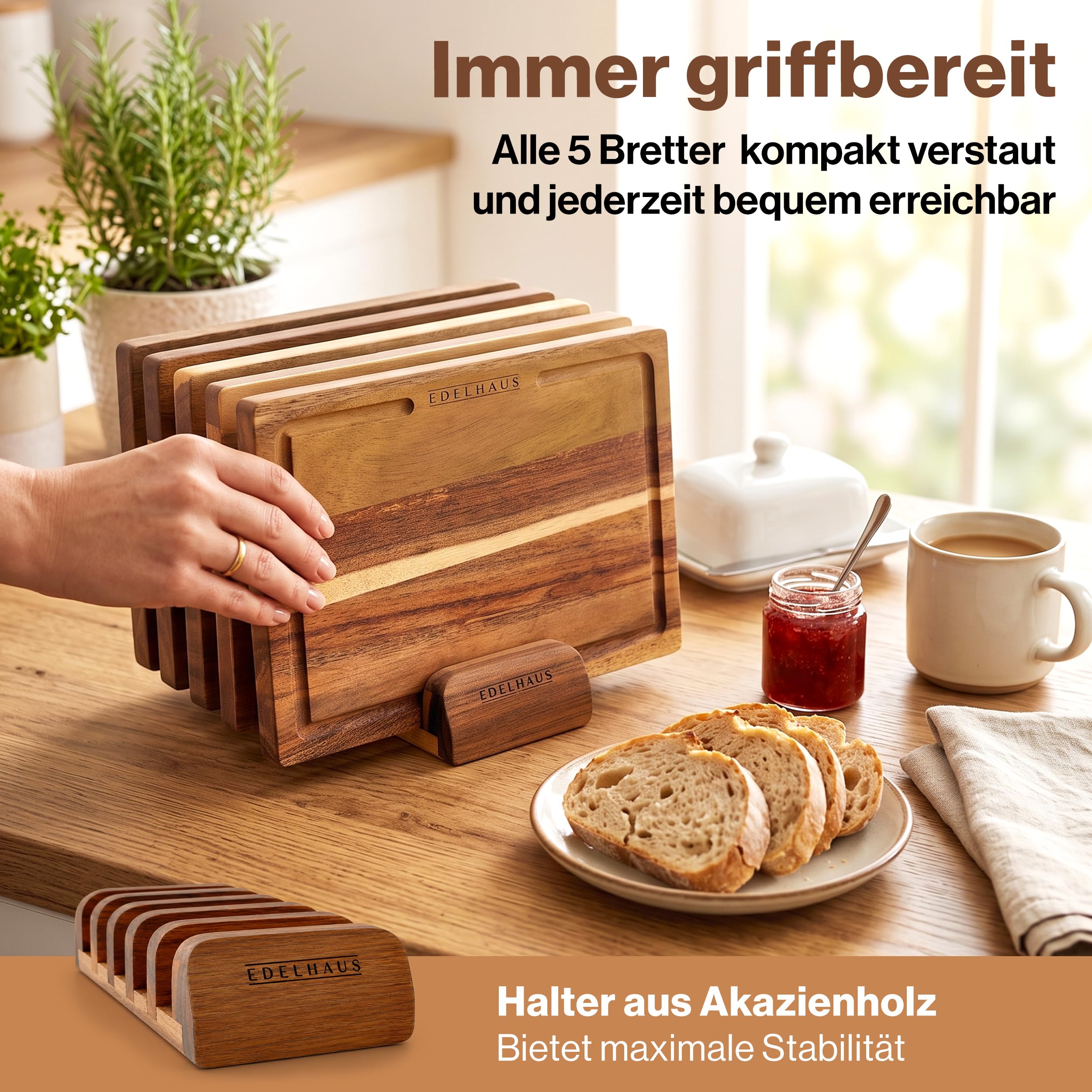 EDELHAUS Frühstücksbrettchen 5er Set, Schneidebrett Holz Akazie 23x16 cm