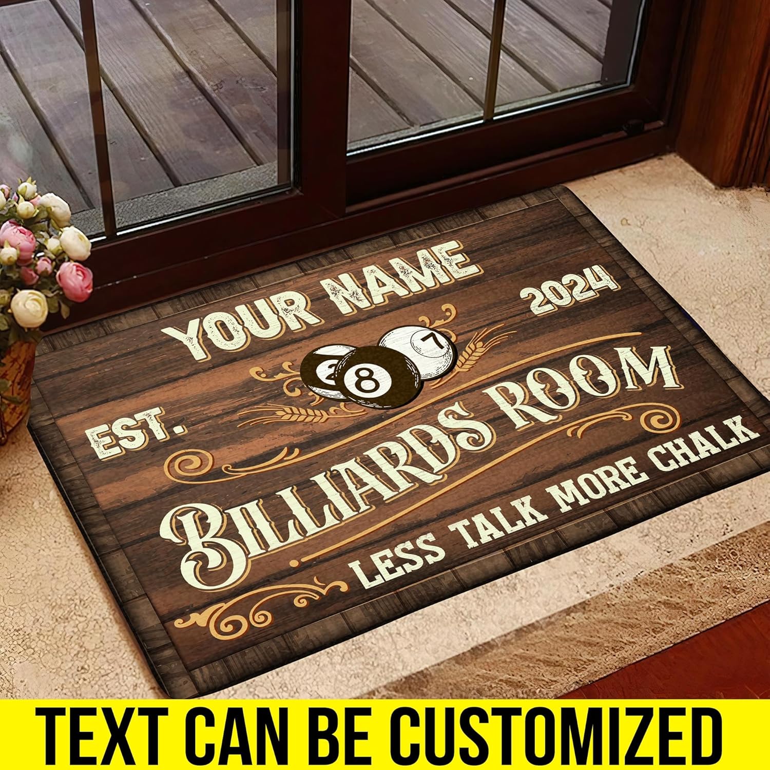 Artsy Woodsy Personalized Billiards Bar Doormat, Pool Table Billiards Room Decor, Welcome Mat Outdoor Rug, Home Decor, Game Room Decor, Man Cave Decor, Personalized Gift for Him, Gifts for Men (02)