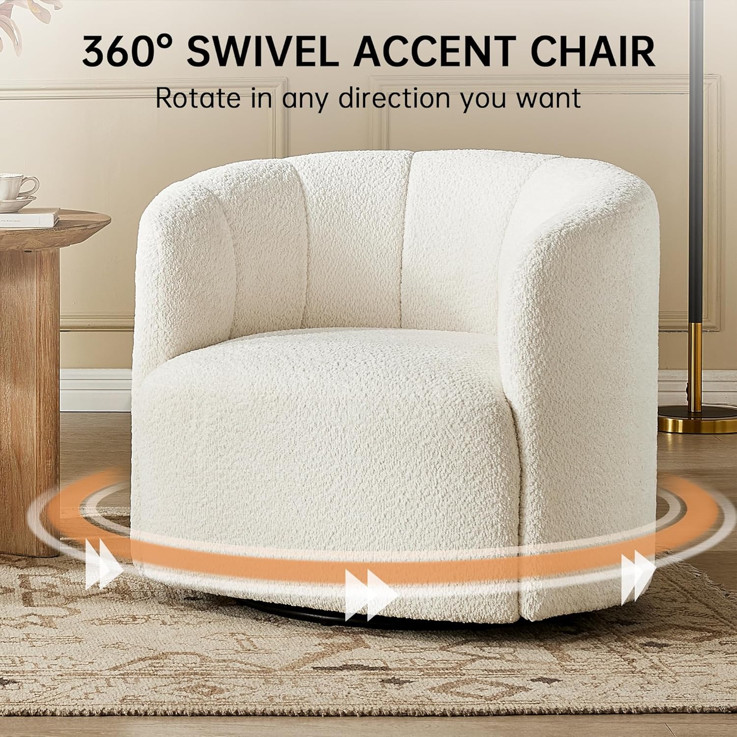 Swivel Accent Chair, No Assembly Required Upholstered Boucle Fabric Barrel Chair for Living Room, Beige