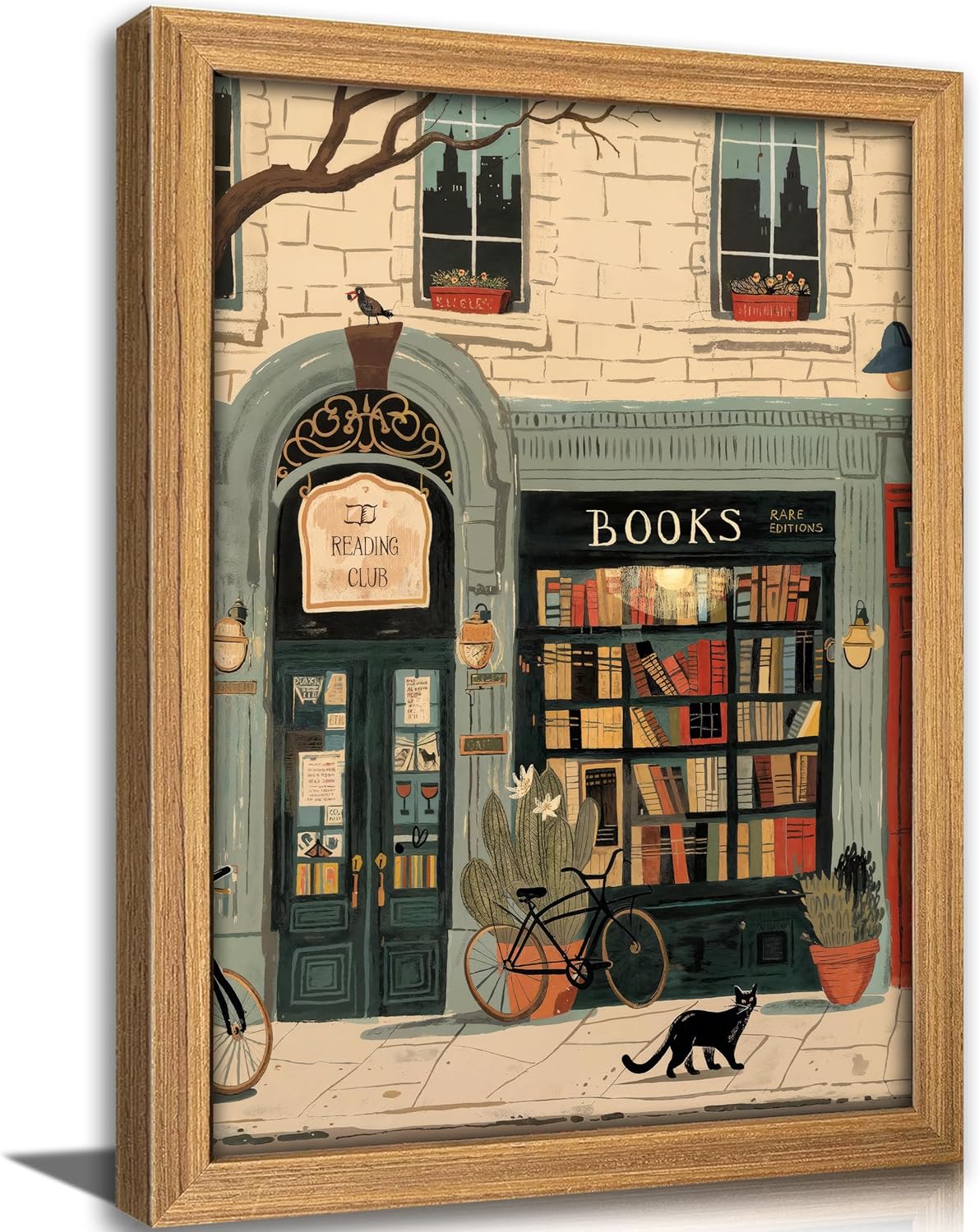 Framed Vintage Book Wall Art Bookstore and Black Cat Painting Canvas Prints Cozy Bookshop Library Bookish Picture Wall Decor Bookworm Reading Nook Poster Artwork for Living Room Bedroom Office