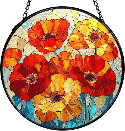 Poppy Flower Suncatcher Stained Glass Window Hanging, Poppy Flower Gifts Sun Catchers Indoor Window Glass Wall Art Decor, Floral Wall Hanging Decor Decorations, 7.9x7.9 Inch 032-MH-BLGH