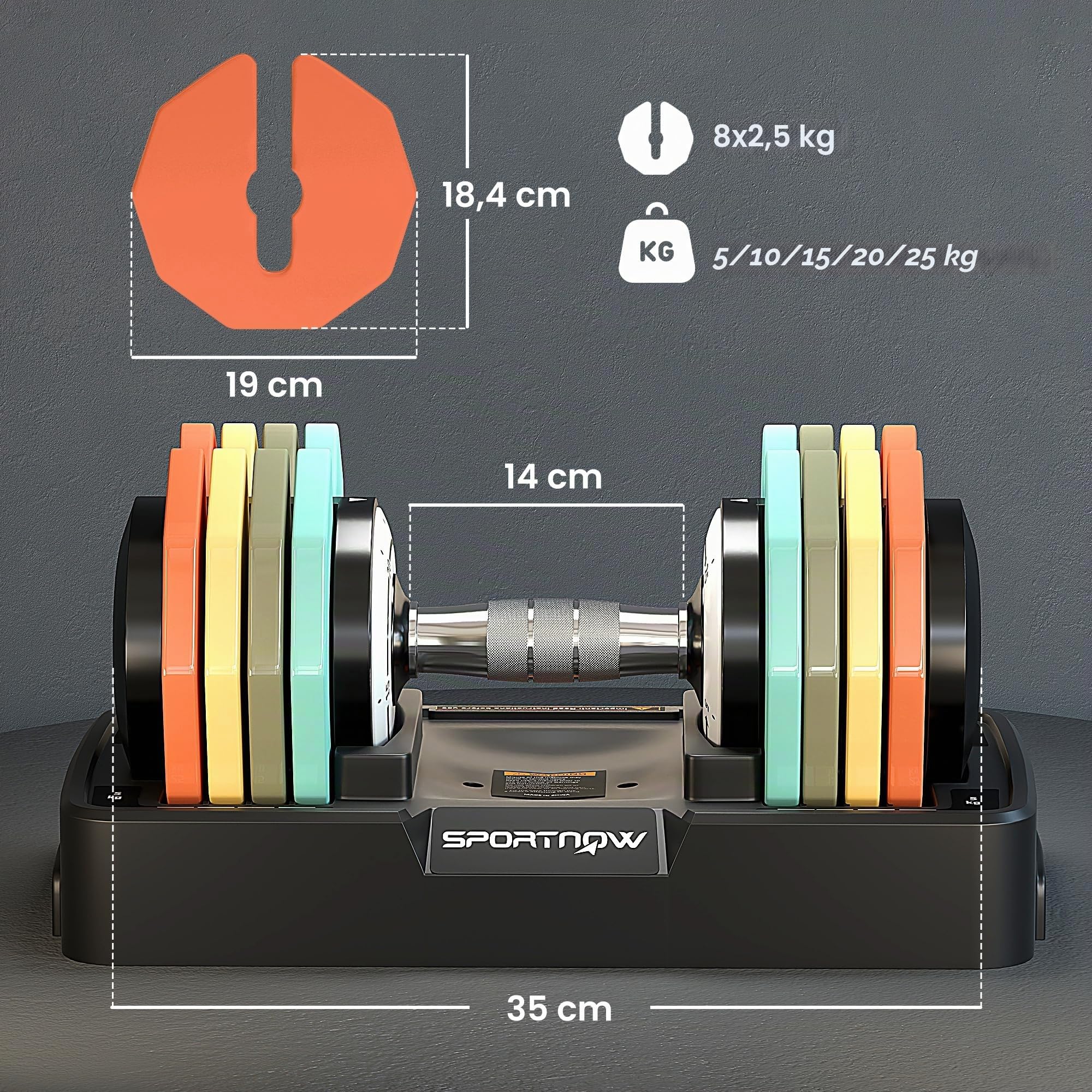 SPORTNOW Mancuerna Ajustable Octogonal 5 en 1 Ajuste Rápido 5-25 kg | Pesas y Mancuernas, Base de Almacenamiento, Mango Antideslizante, Equipo de Entrenamiento para Gimnasio en Casa