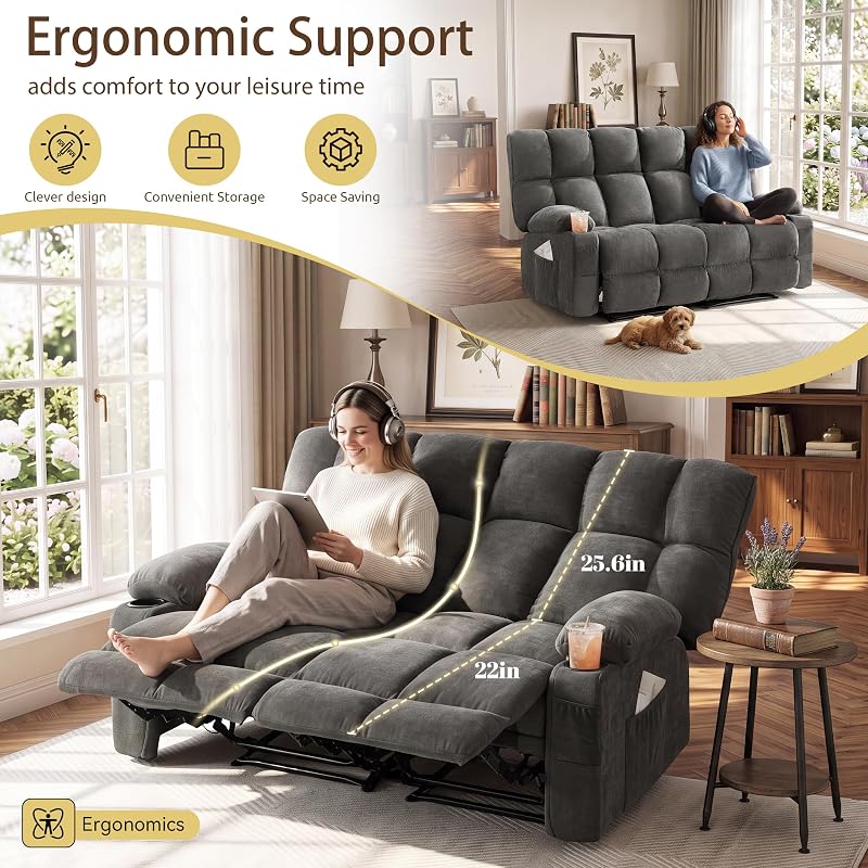 Sofetura Oversized Loveseat Recliner Sofa with Cup Holders & Side Pockets, Big Large Reclining Sofa, Traditional 2-Seater Manual Recliner Couch for Living Room, RV, Home Theater (Fabric,Grey) image 4