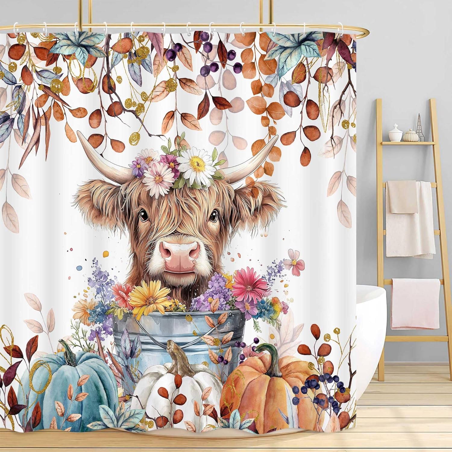 Valentines Shower Curtain, Valentines Highland Cow Bath Curtain, Romantic Pink Glitter Bling Farmhouse Bathroom Accessories Red Rose for Bathroom Curtain Liner Set with Hooks,72X72in