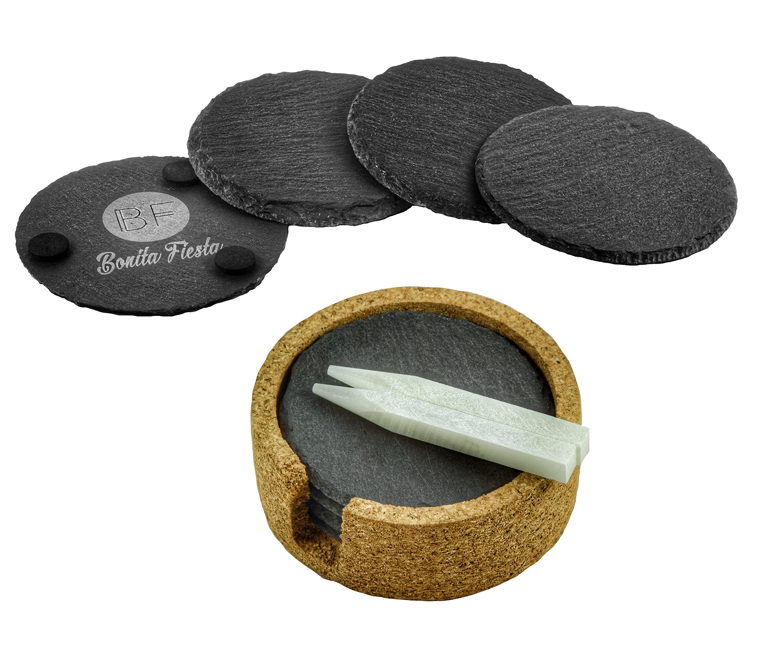 Natural Slate Coasters in a Beautiful Cork Holder - Set of 4 - FREE BONUS 2 Soapstone Writing Sticks (Round)