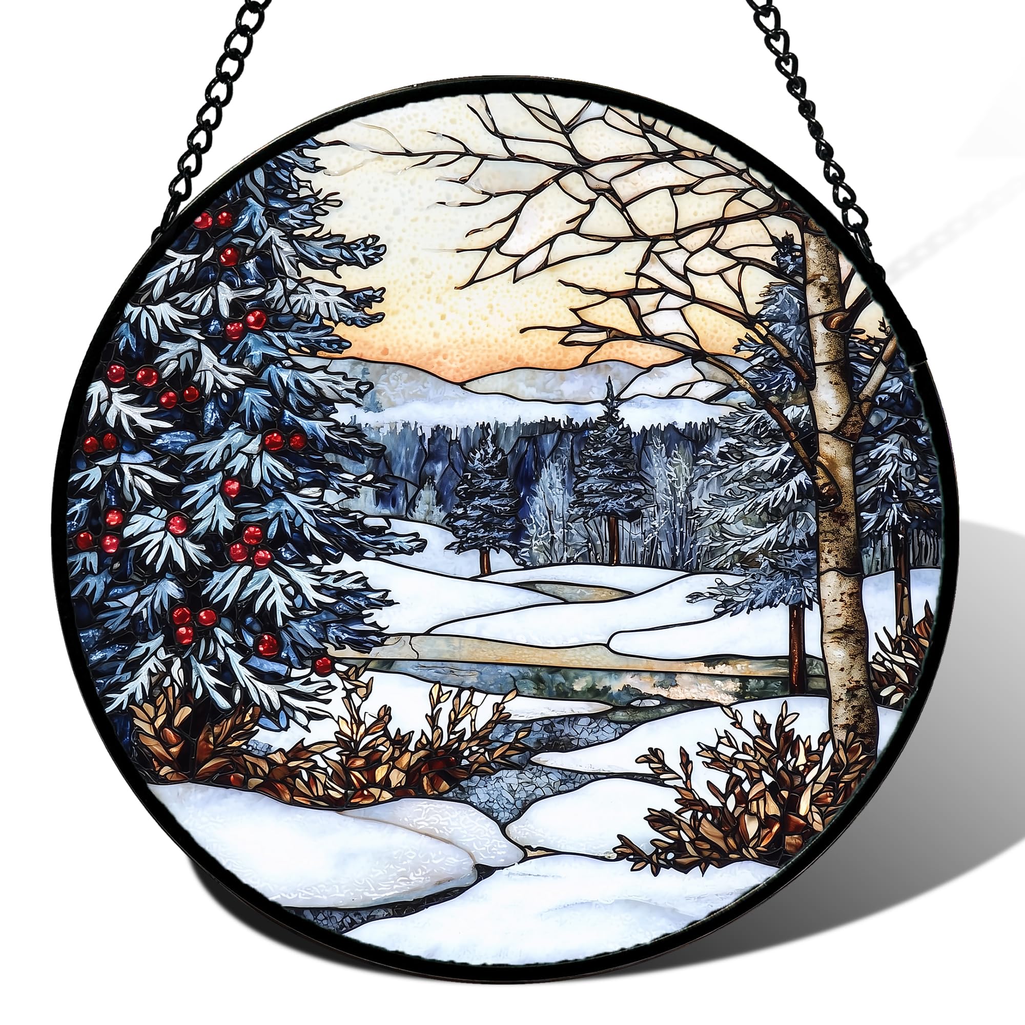 Winter Snow Scene Stained Glass Window Hanging Suncatcher Gifts 6.3"
