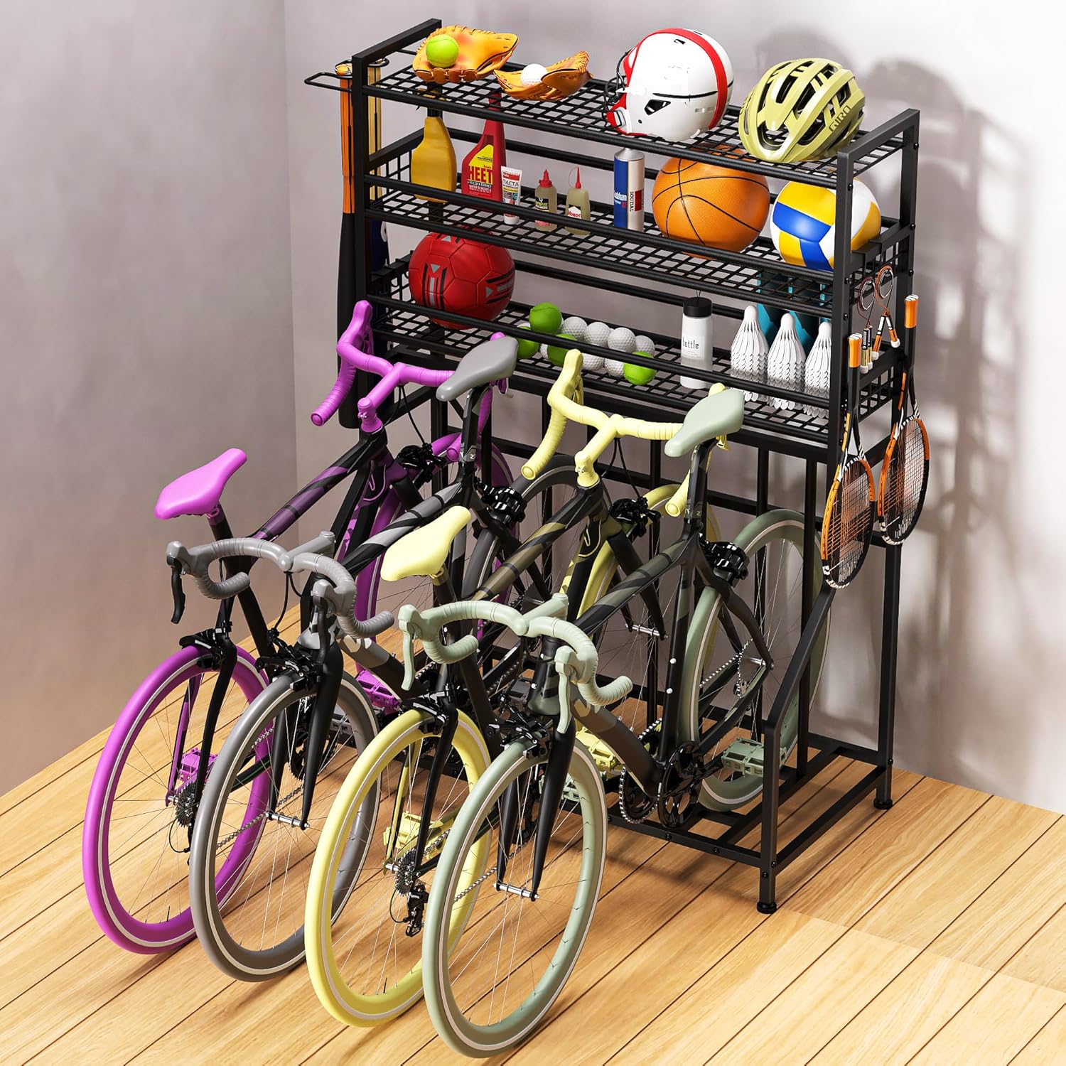 Bike Rack Garage, 3-Tier Storage Shelves with Bike Stand, Heavy-Duty Bike Rack Holds 4 Bicycles, Adjustable Slots, Multi-Purpose Organizer for Home Garage, Basement, Utility Room