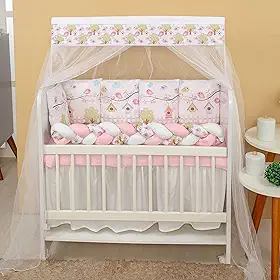 Kit Mini Berço 13 Peças Decoração Jardim Rosa Protetor Trançado e Almofadas Decorativas