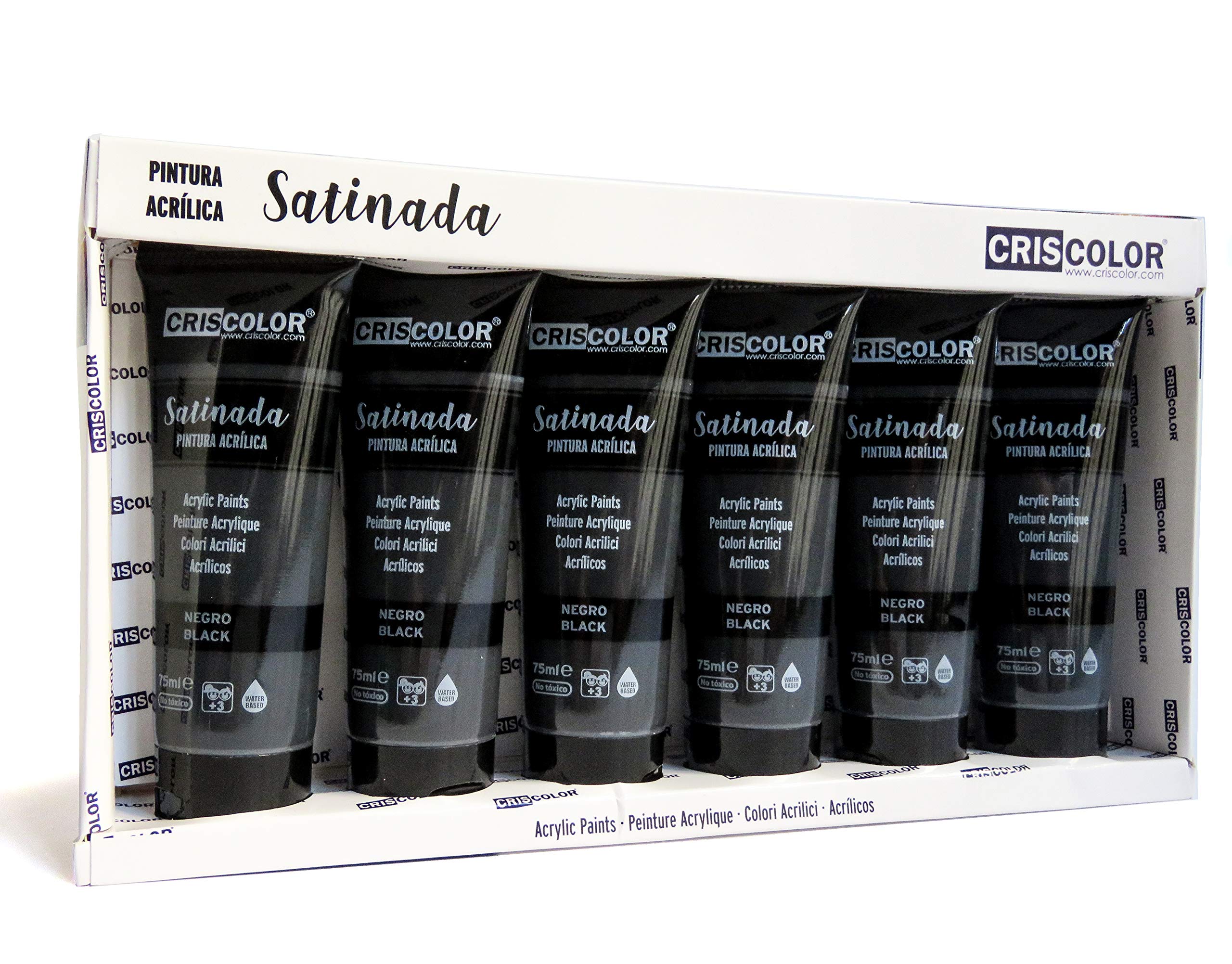 Pintura Acrílica para trabajo artístico y manualidades - PACK 6x75ml - Papel, Lienzo, Madera, Cerámica. Principiantes, Estudiantes y Artistas profesionales (NEGRO)