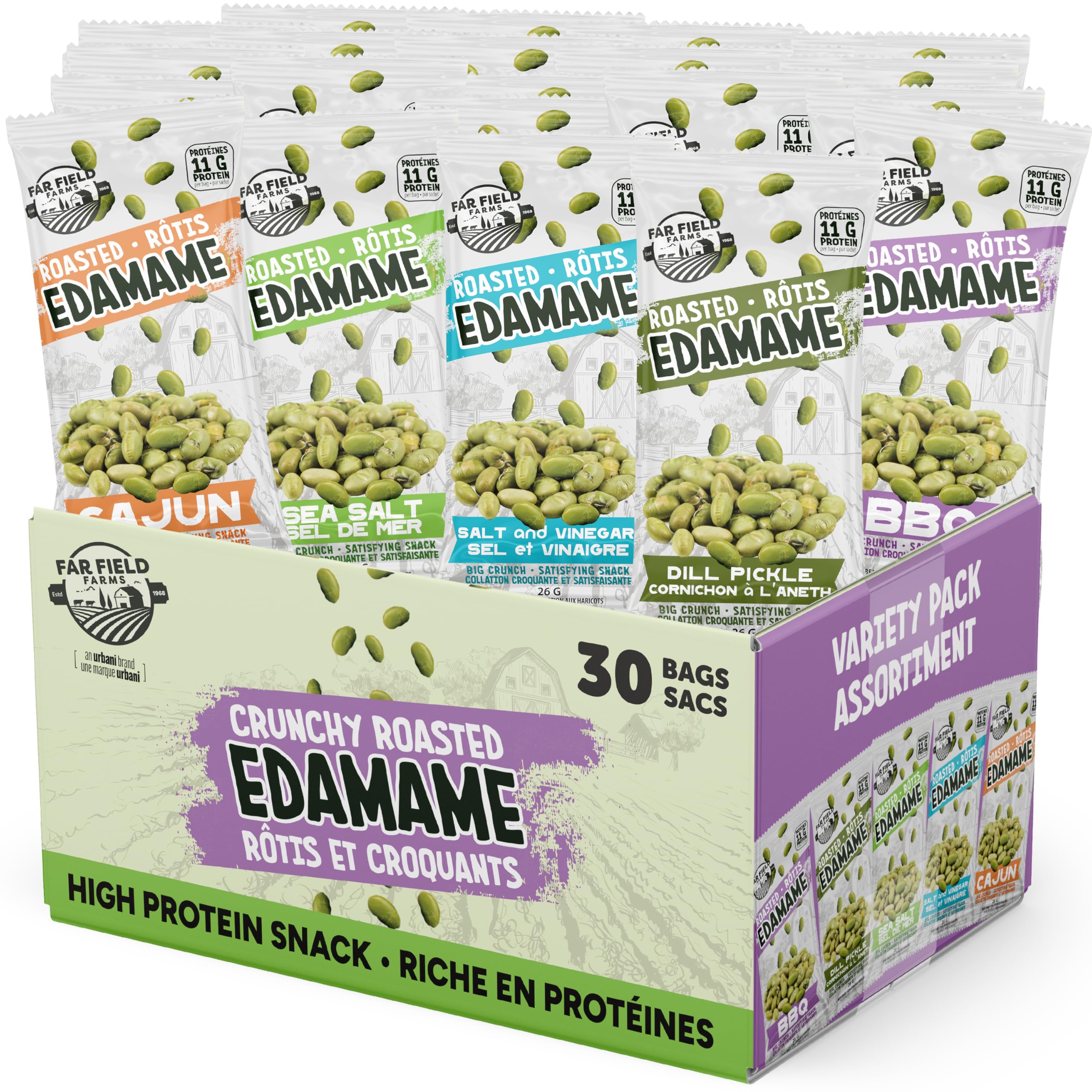 Far Field Crunchy Edamame Variety Pack – 30 Bags x 26g, 11g Protein per Serving, High Protein Healthy Snacks for Adults & Kids, Low Calorie, Low Sugar
