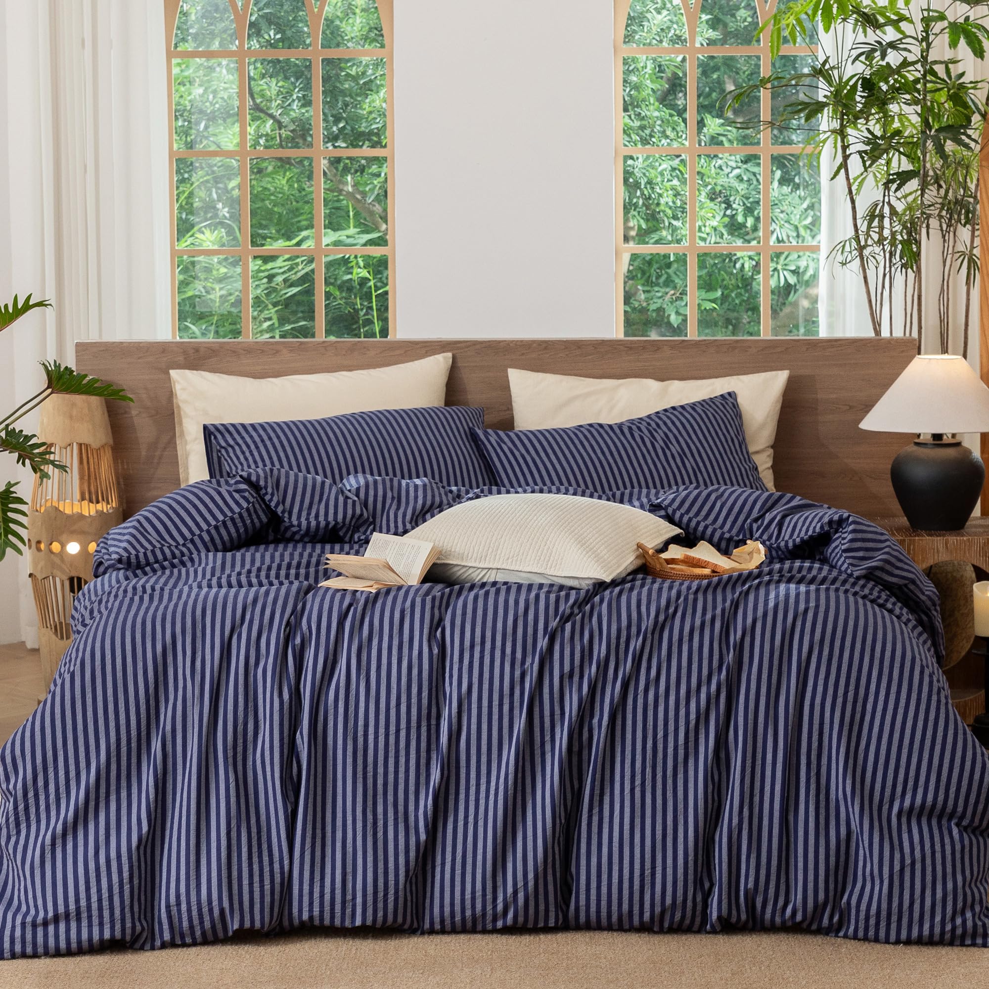 MooMee Striped Duvet Cover Set 100% Washed Cotton Linen Like Queen