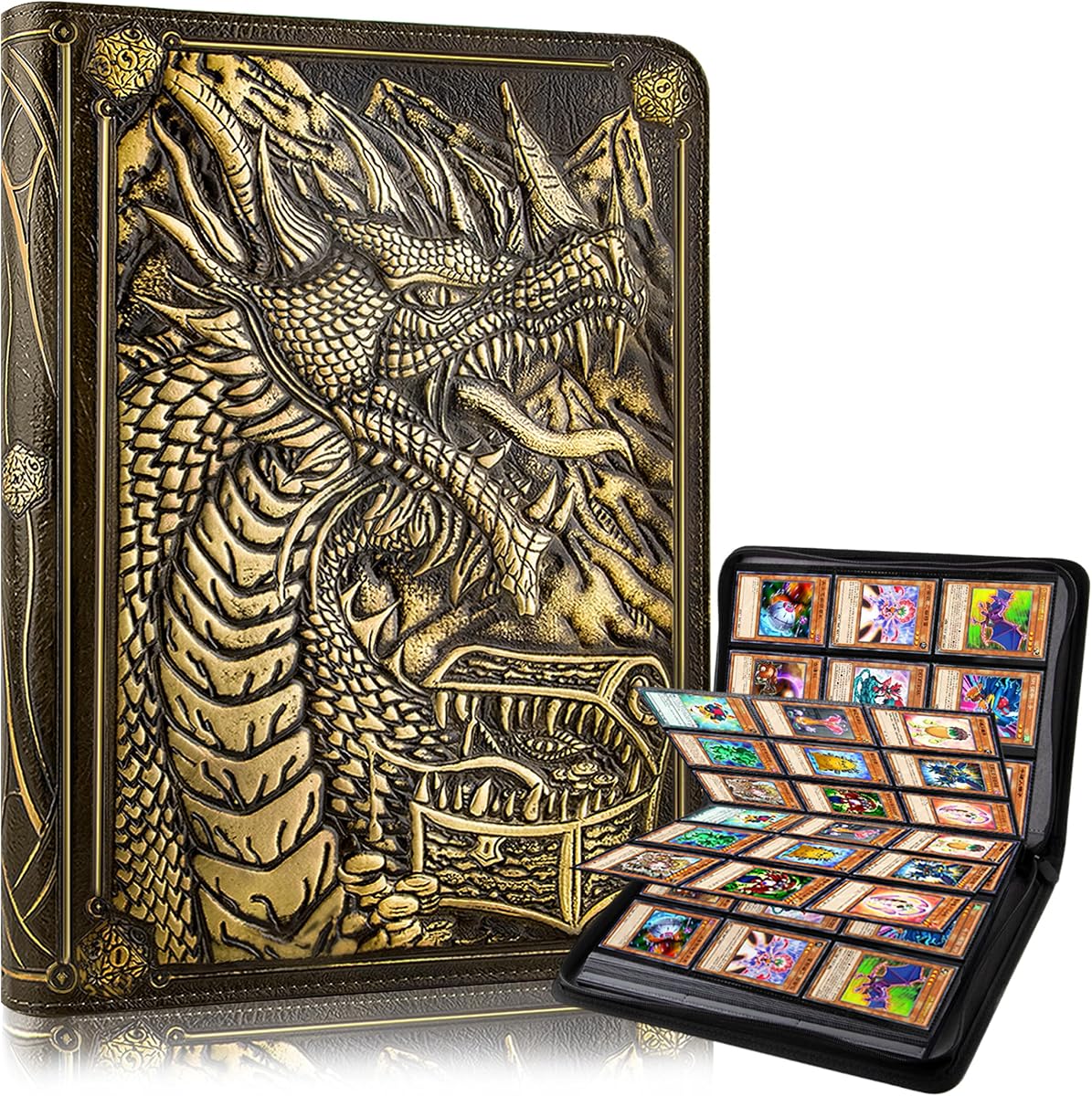 Carpeta de tarjetas de 9 bolsillos, carpeta de tarjetas comerciales con cremallera premium, carpeta de colección de PU de bolsillo de doble cara 360, álbum coleccionista de diseño de dragón, carpeta de tarjetas para MTG, TCG, tarjetas deportivas (cobre cian)