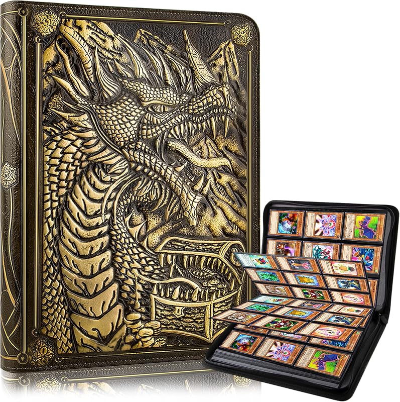 Carpeta de tarjetas de 9 bolsillos, carpeta de tarjetas comerciales con cremallera premium, carpeta de colección de PU de bolsillo de doble cara 360, álbum coleccionista de diseño de dragón, carpeta de tarjetas para MTG, TCG, tarjetas zapatillas (cobre cian)