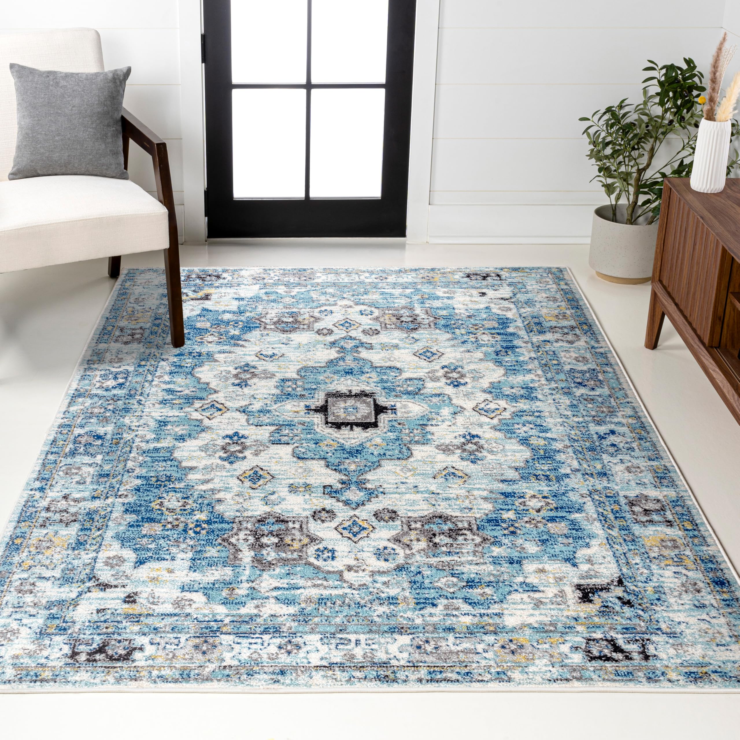 JONATHAN Y Modern Boho Vintage Medallion Cream/Blue Indoor Area Rug, 8x10, Bohemian, Traditional, Easy-Cleaning for Living Room, Bedroom, Kitchen, Pet