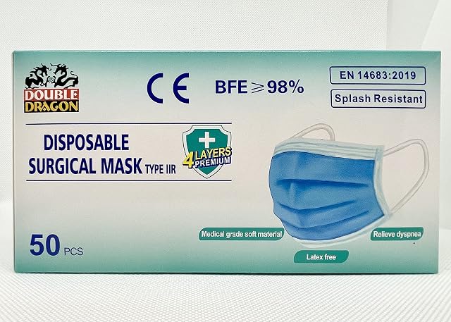 50pcs, NHS Type IIR, 3-Ply Premium Disposable Protective Face Masks, 98% Filtration Efficiency, Fluid Resistance, Used by NHS Hospitals, UK Brand