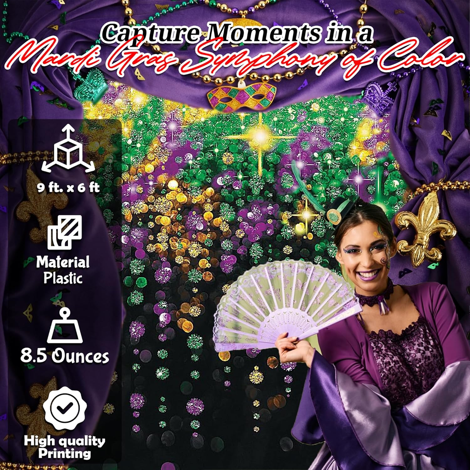 Mardi Gras Beads Backdrop Banner - 9 feet x 6 feet - Party Wall Decor and Photo Props