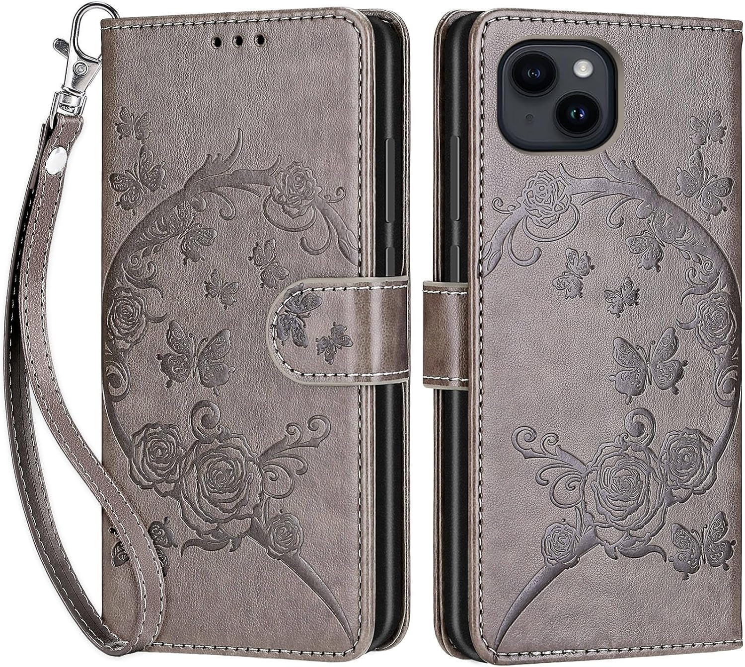 Wallet Case for iPhone 15, Gray Flower image 3