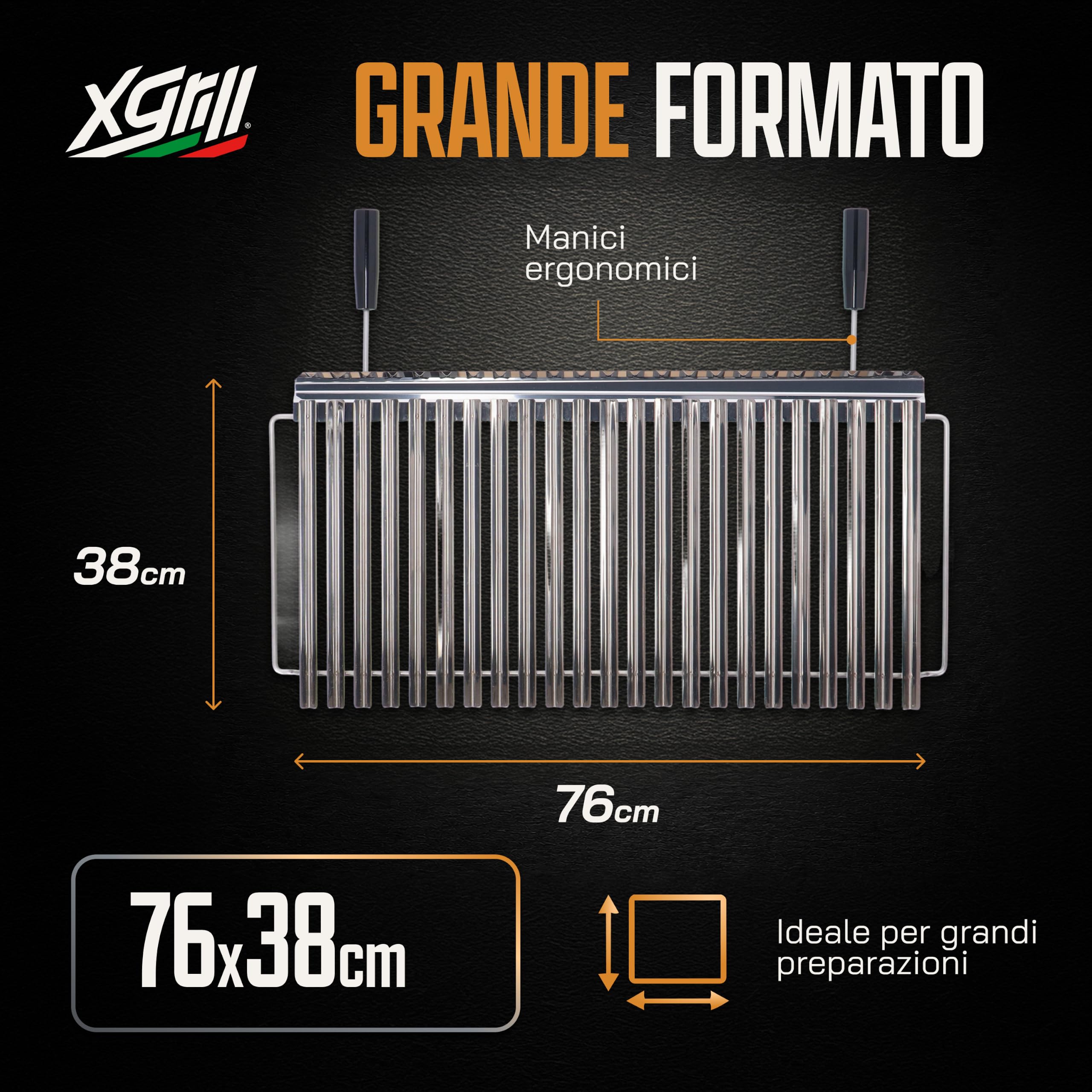 XGRILL | Griglia Barbecue 76x38 cm in Acciaio Inox con Manici Ergonomici | Griglia BBQ Professionale con Sistema Raccolta Grassi | Made in Italy