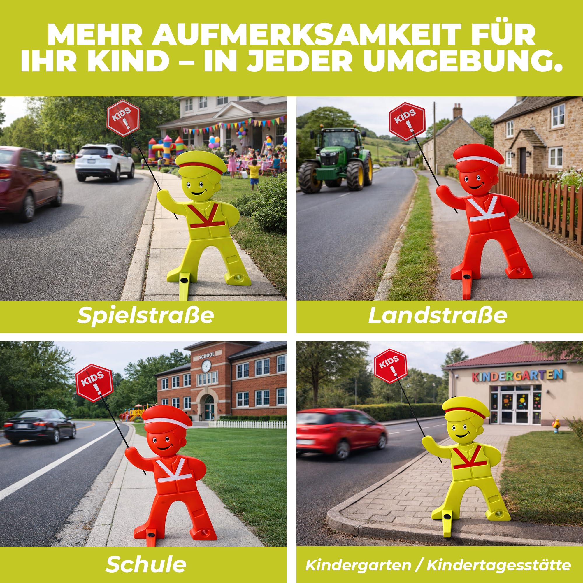 SafetyGuy Achtung Kinder Aufsteller mit Reflektoren | 120 cm Kinderwarnaufsteller mit Reflektoren, breitem Standfuß und optionalem Solarlicht für Einfahrt, Spielstraße
