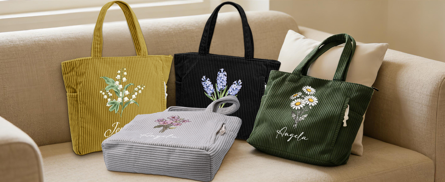 Personalized Birth Flower Corduroy Tote Bag miniatura 7