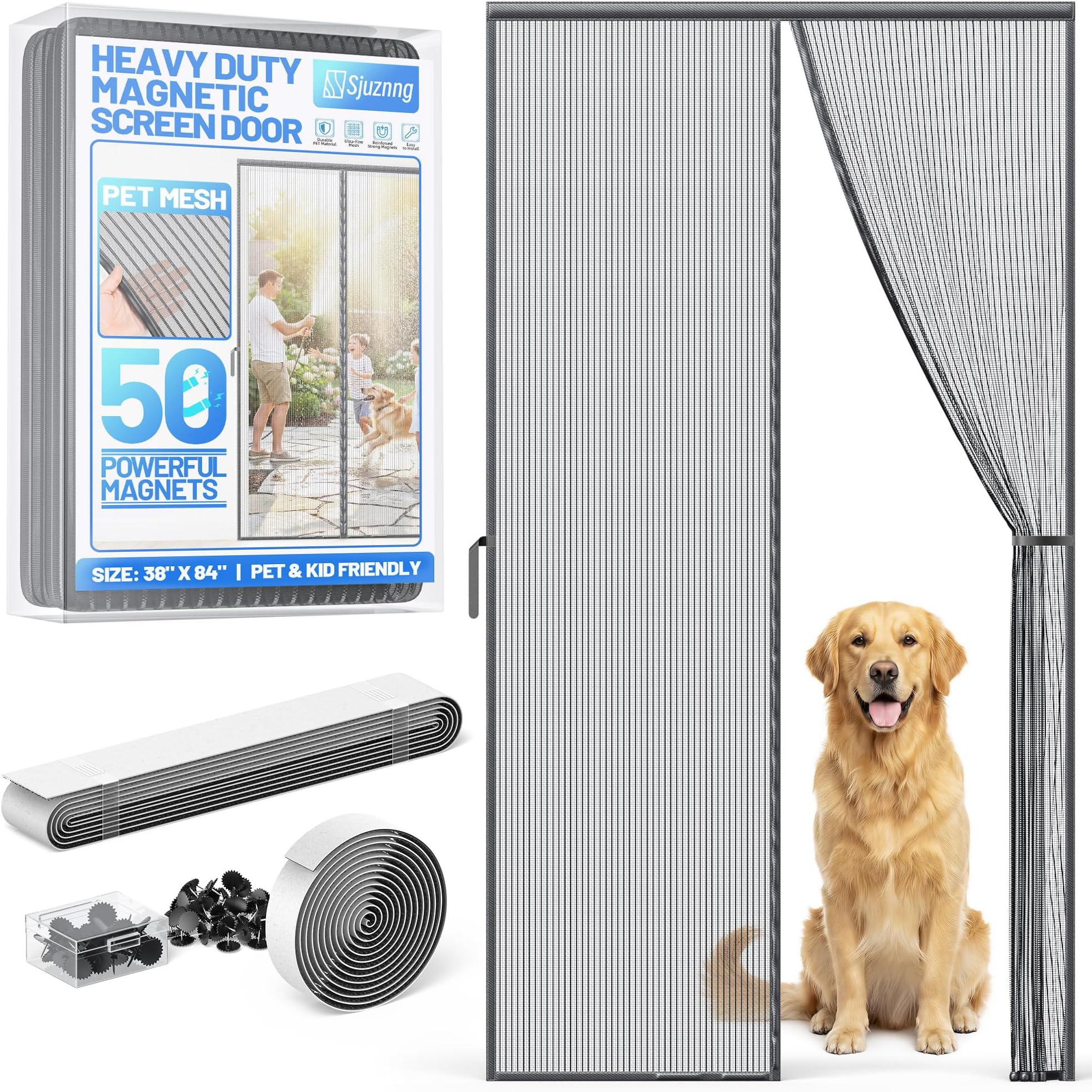 Heavy Duty Magnetic Screen Door Mesh - Auto-Sealing Hand-Free Door Net Screen with 50 Magnets, Pet & Kid Friendly, PET Fine Mesh Doors Screens Keep Bugs & Mosquitos Out Fits Front Doors Size 36” x 82”