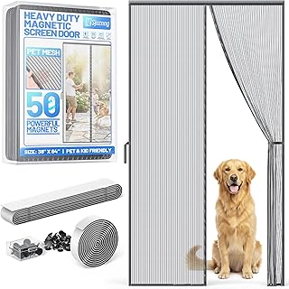 Heavy Duty Magnetic Screen Door Mesh - Auto-Sealing Hand-Free Door Net Screen with 50 Magnets, Pet & Kid Friendly, PET Fine Mesh Doors Screens Keep Bugs & Mosquitos Out Fits Front Doors Size 36” x 82”