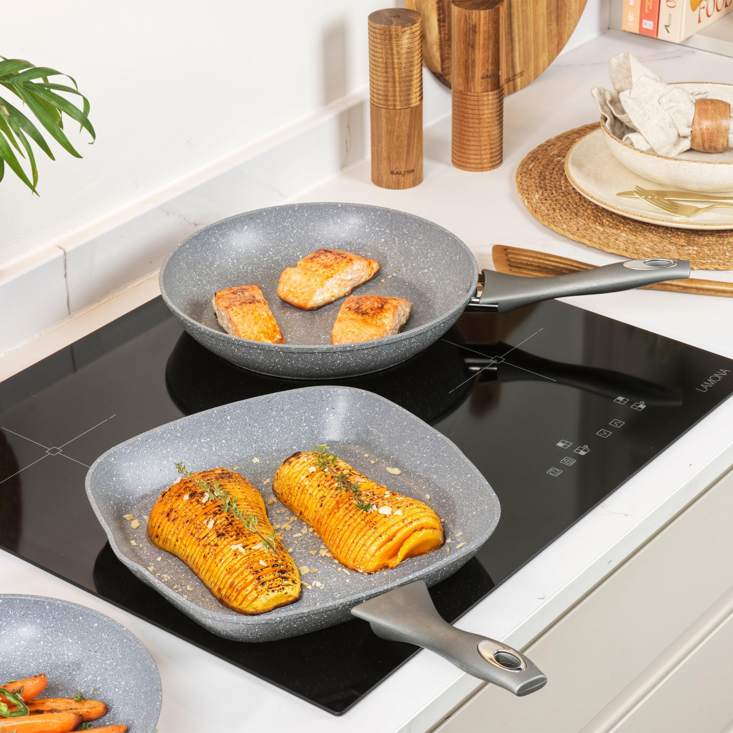 Salter BW02764G Sartén Antiadherente de Aluminio Forjado De La Colección Marblestone, Mango De Baquelita, 28 cm, Apta Para Lavavajillas, Revestimiento De Mármol, Gris