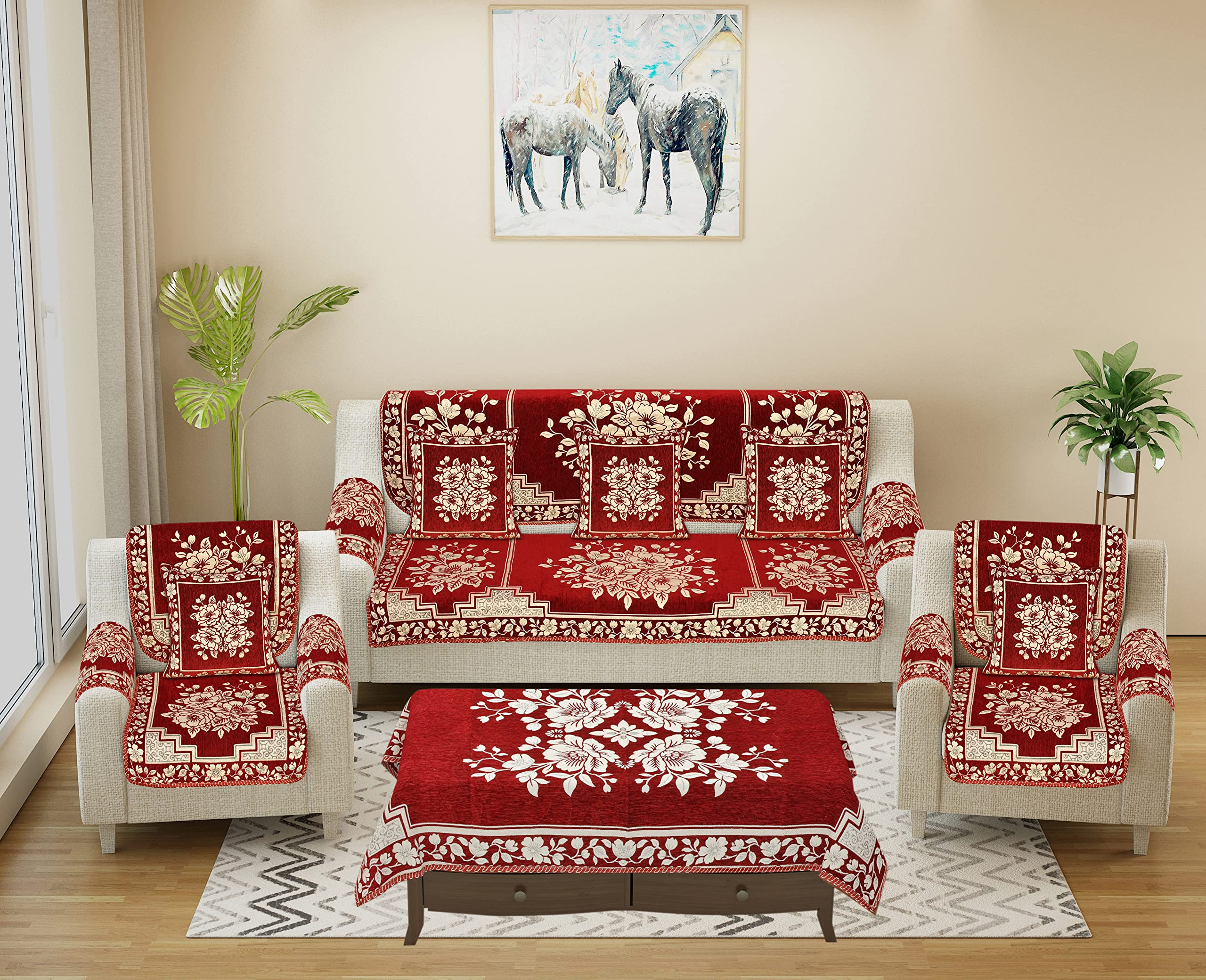 Dazzling DECOR Sofa Seater Slip Covers with Arm and Cushion and Table - 3+2 Seater Velvet Sofa Set for Single Sofa Couch - 5 Seater Sofa Seat Protector Slip and Back, 2702_Maroon-image-18