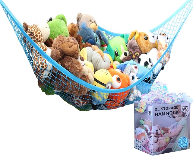 MiniOwls Toy Hammock Organizer - Toy Net Storage for Stuffies Space Saver. Corner Shelf to Display Collectible Toys. Ocean Bright Décor Accent. (Blue, X-Large)