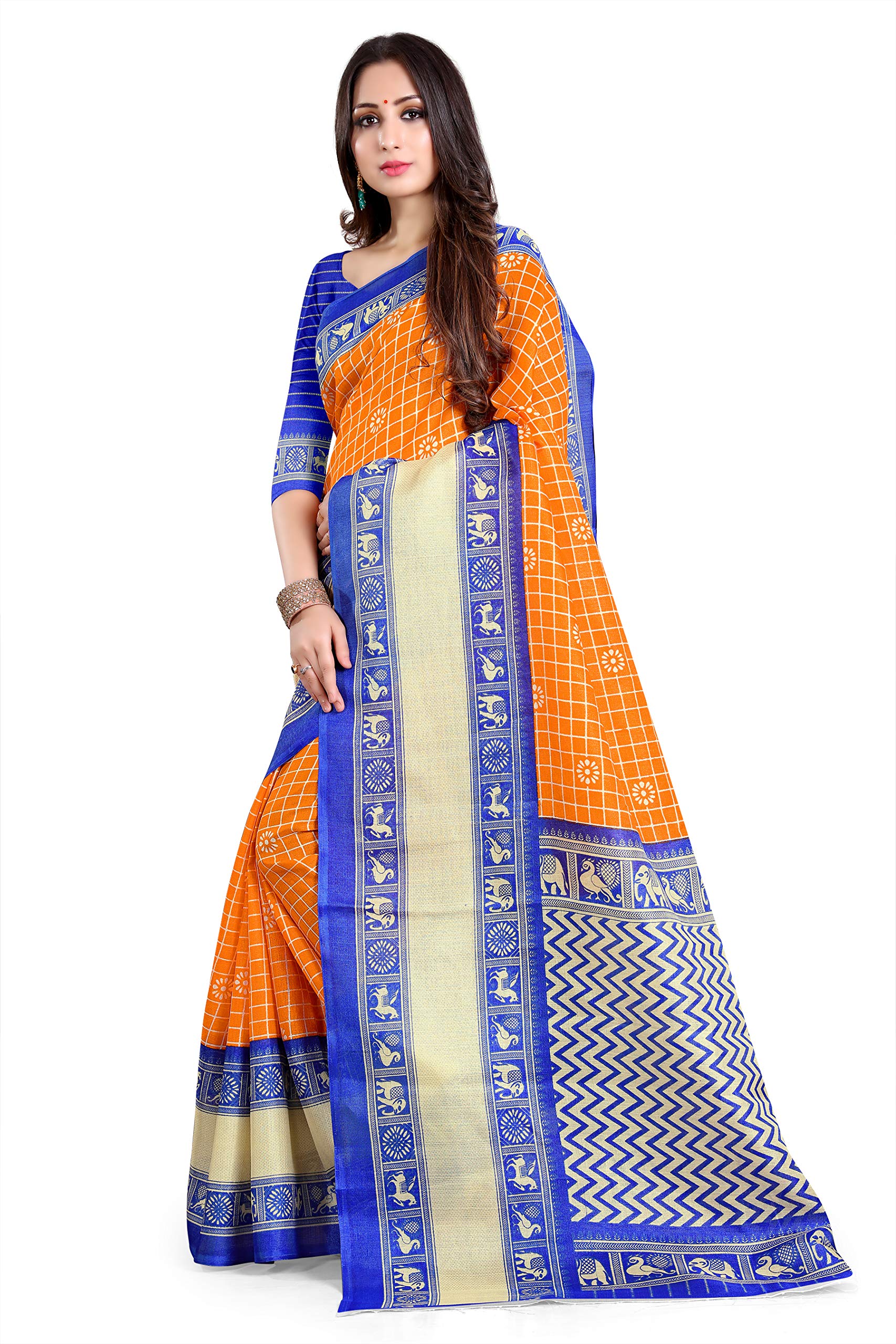 Shasmi Sari da donna in seta stampata con blusa Khadi 1 arancione blu e reale, Arancione e Blu Reale, taglia unica