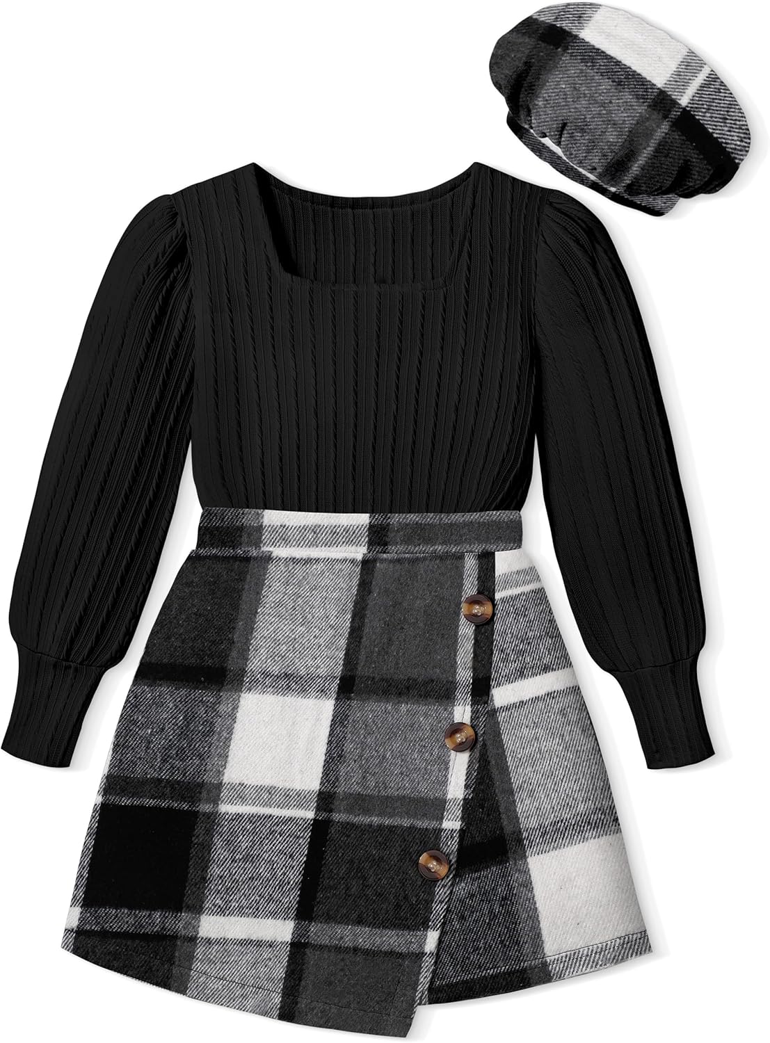 AGAPENG Girl Skirt Sets 3 Piece Outfits Square Neck Jacquard Puff Sleeve Tops Plaid Mini Skirt Shorts Fall Winter Clothes