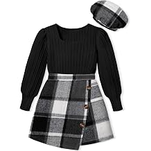 AGAPENG Girl Skirt Sets 3 Piece Outfits Square Neck Jacquard Puff Sleeve Tops Plaid Mini Skirt Shorts Fall Winter Clothes