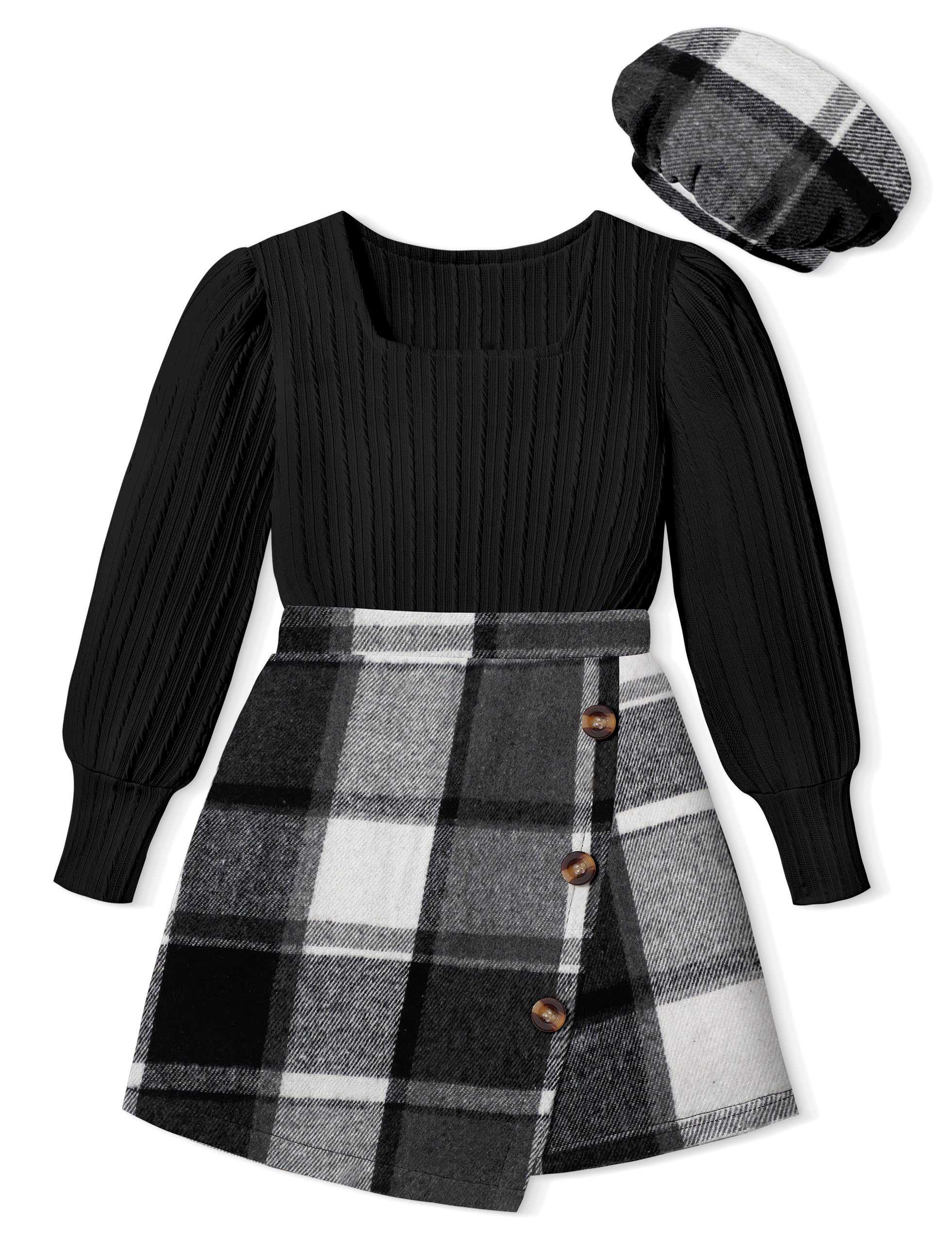 AGAPENG Girl Skirt Sets 3 Piece Outfits Square Neck Jacquard Puff Sleeve Tops Plaid Mini Skirt Shorts Fall Winter Clothes