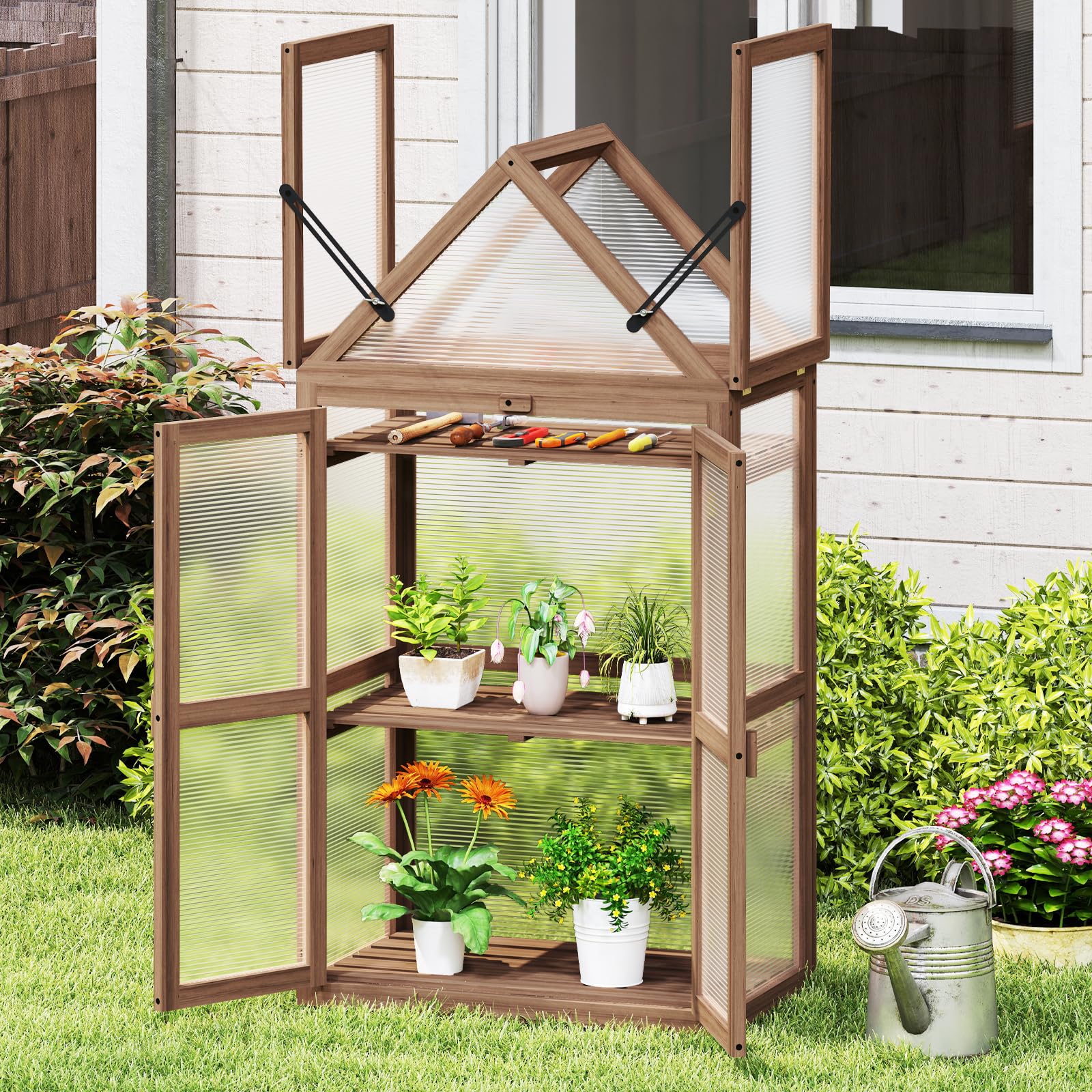 COSTWAY Frühbeet Mini Gewächshaus, 3-stöckiges Pflanzenbeet mit aufklappbarem Dach, Anzuchthaus mit 2 Türen, Treibhaus aus Holz & Polycarbonat, Aufzuchtschrank für Balkon Garten, Braun, 71x41x145cm