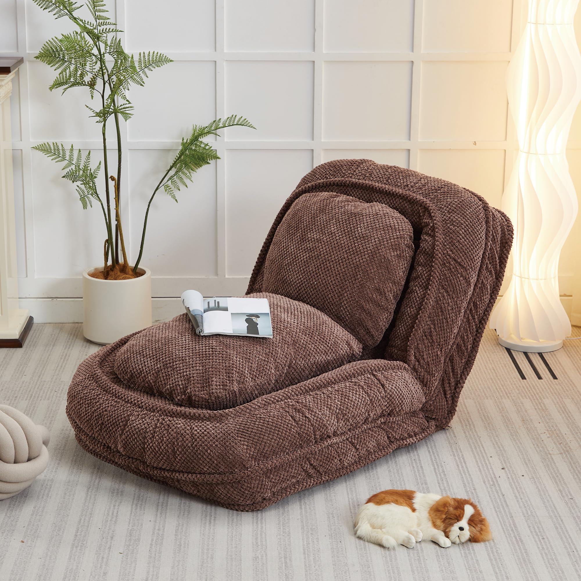 Floor Chair with Back Support, Folding Sofa Chair with 5 Adjustable Position, Plush Floor Gaming Chair, Meditation Chair for Lazy Boys, Human Dog Bed for Living Room, Bedroom, Lounge, Brown