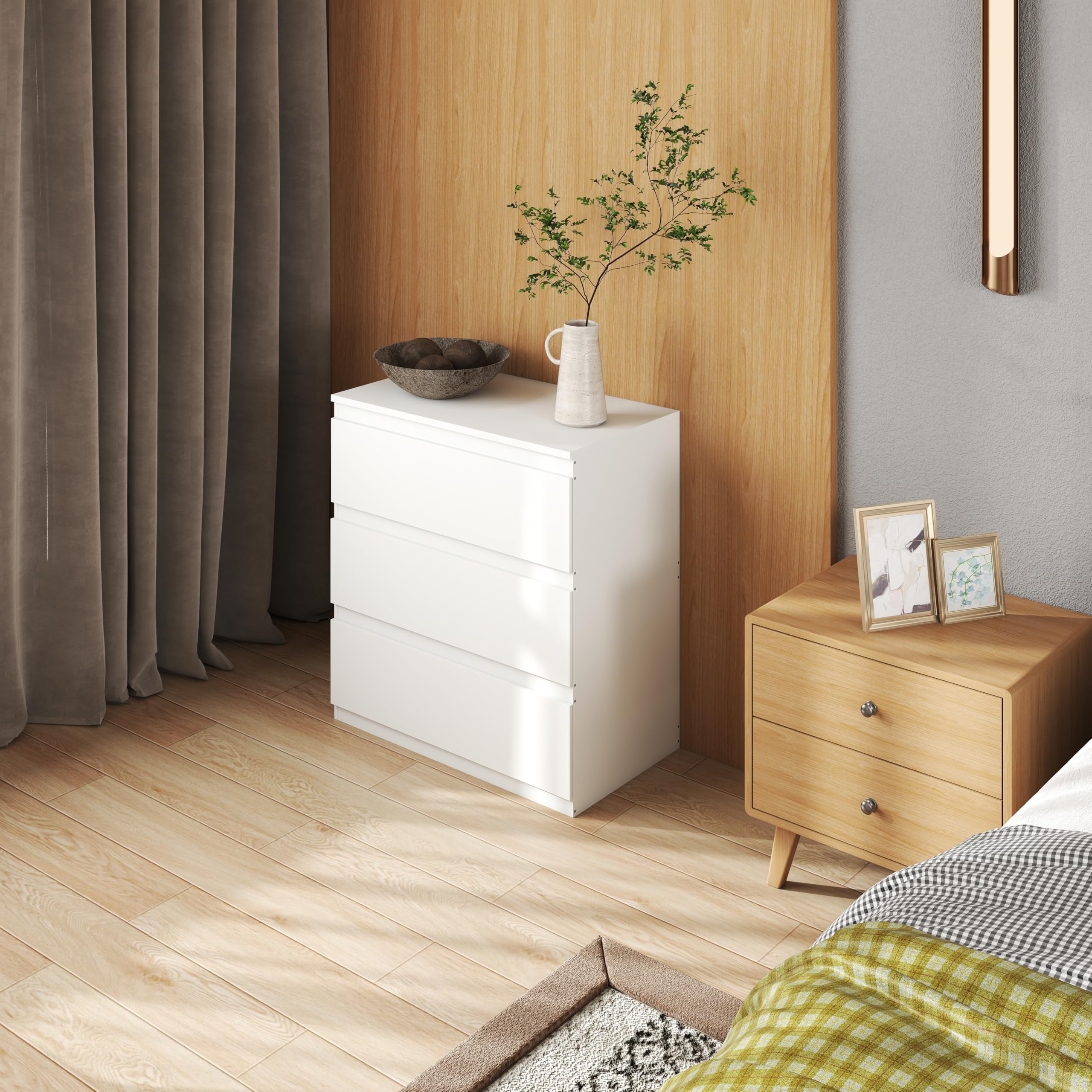 hitsuki Nachtschrank Weiß mit 3 Schubladen Große Nachtkommode & Nachtkasten Moderne Kommode für Schlafzimmer & Wohnzimmer mit leisen Schienen & Anti-Kipp-Schutz 70x40x75cm