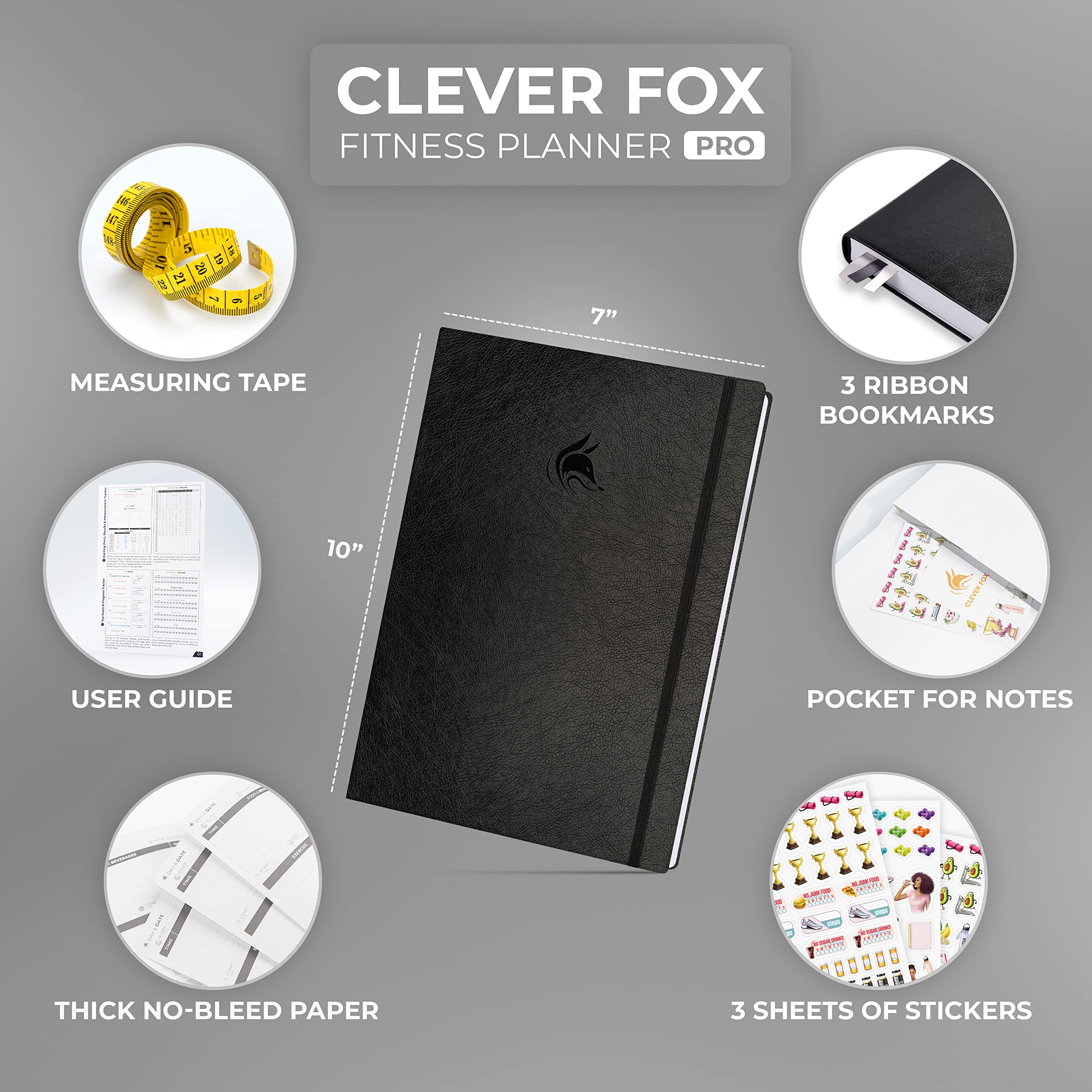 Clever Fox Fitness Journal PRO - Planificador de entrenamiento y comidas con rastreador de hábitos, cuaderno de registro de ejercicios, planificador de fitness, 6 meses (negro)