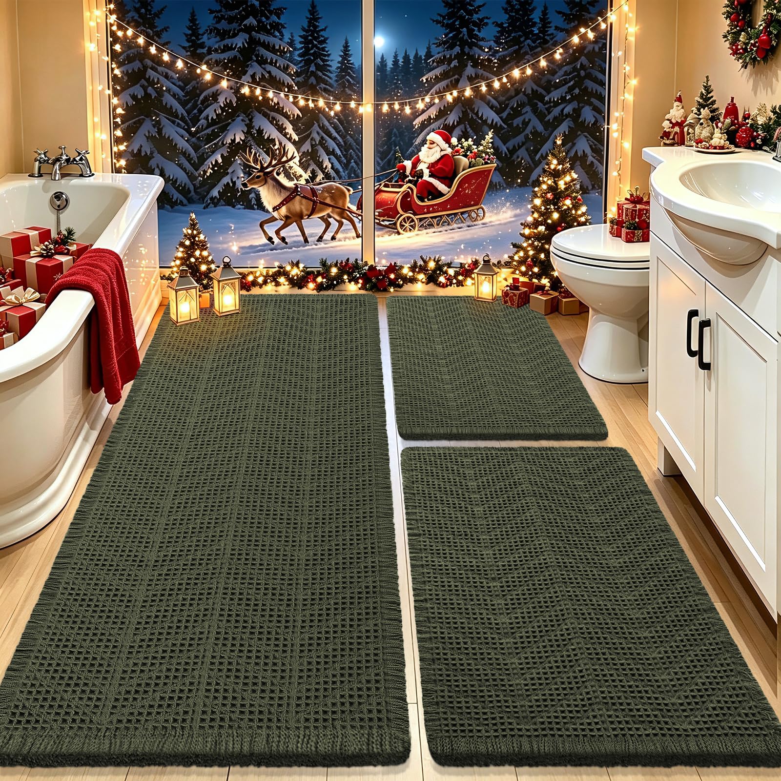 IM HOME Waffle Bath Mat Set 3 Piece, Boho Woven Modern Bath Rug Absorbent Non Slip, Soft Bathroom Mats, Machine Washable Knit Bath Rugs with Herringbones for Bathroom, Bedroom, Kitchen, Dark Green