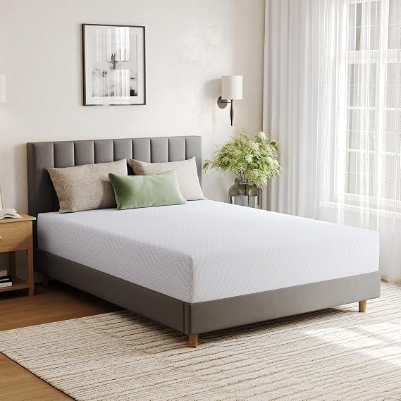 EGOHOME Queen Memory Foam Mattress 10 Inch, Green Tea Gel for Cooler Sleep, Supportive & Pressure Relief Double Mattress, Bed in a Box, Medium, CertiPUR-US Certified Foam, 80 x 60, White