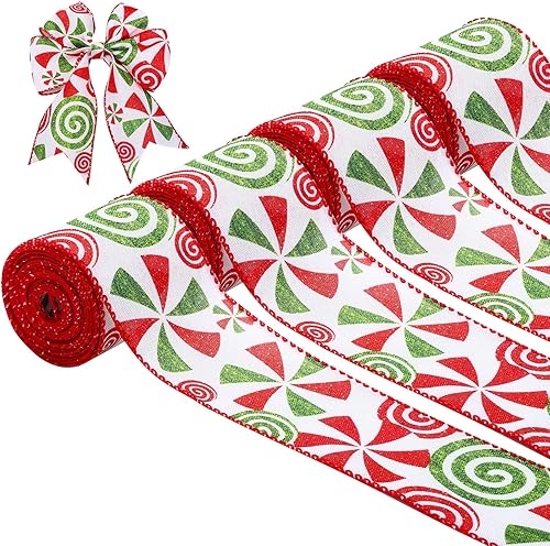 Cinta de arpillera con borde con alambre de menta y caramelo de Navidad de 2.5 pulgadas de ancho, cinta de arpillera para manualidades, corona,