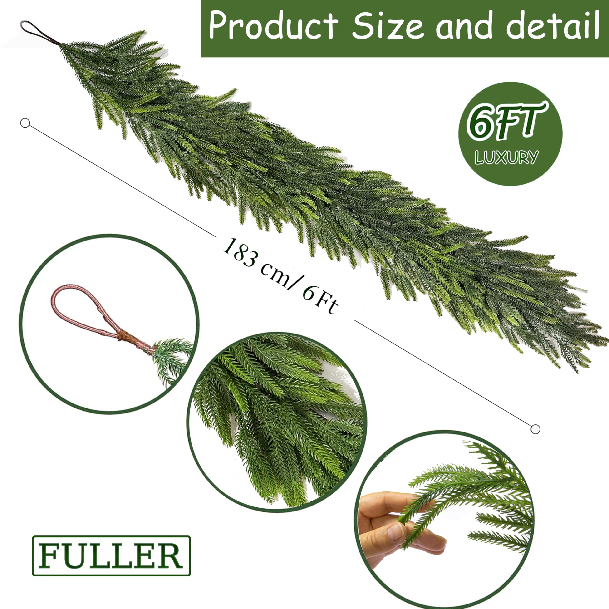 2 Pcs 6 Ft Christmas Garland Real Touch Norfolk Pine Garland Christmas Decorations Faux Realistic Winter Pine Garlands for Mantle, Table, Stairs, Doorframe, Fireplace Indoor Outdoor Holiday Xmas Decor