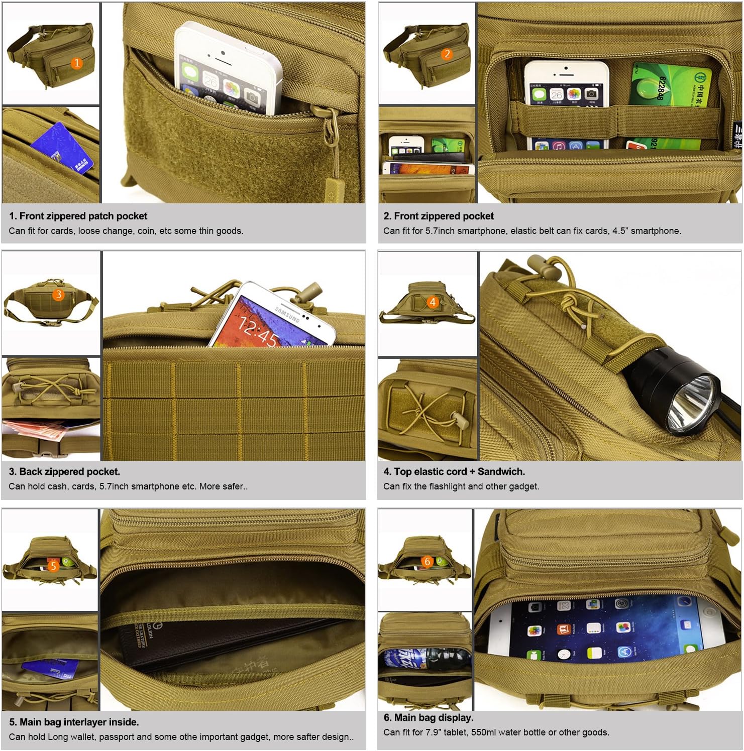 Huntvp Military Hip Fanny Pack Tactical Waist Bag Packs Waterproof Hip Belt Bag Pouch for Hiking Climbing Outdoor Bumbag Desert Camouflage