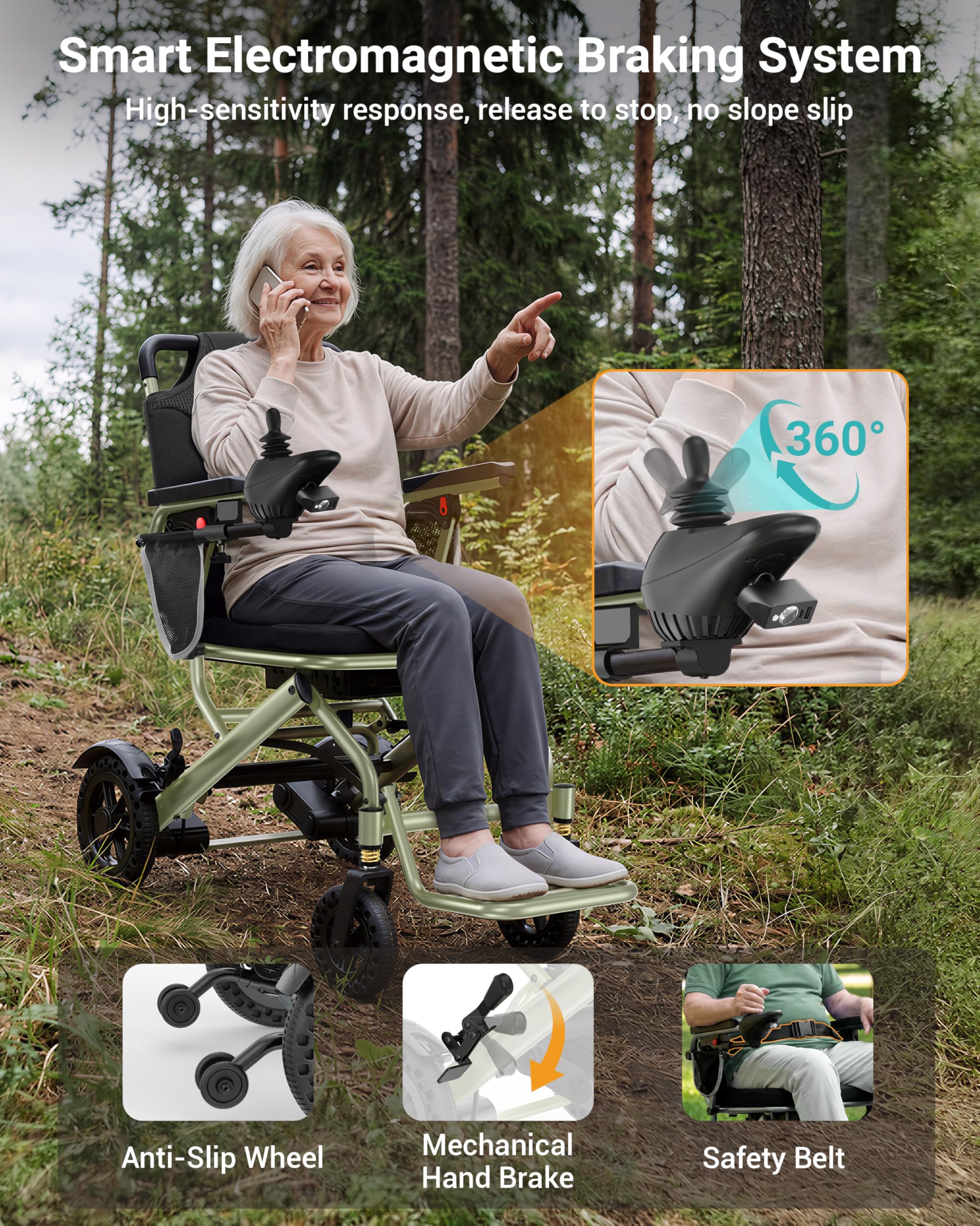 Silla de Ruedas Eléctrica Plegable de 15 kg para Adultos y Personas Mayores, con Autonomía de 24 km y Luz LED; Soporta 150 kg, Motor de 360 W, Silla de Ruedas Motorizada Apta para Viajes en Avión