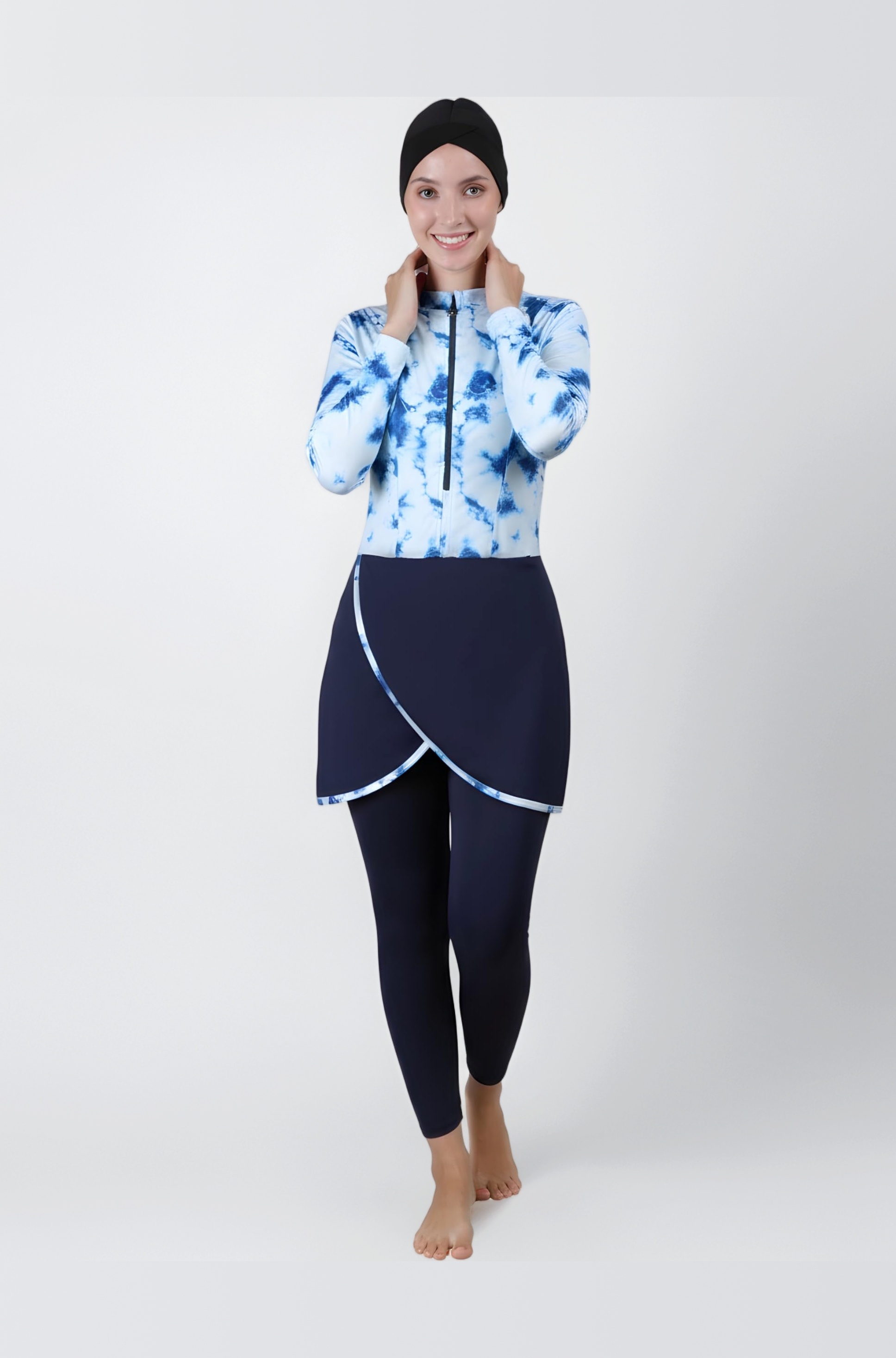 Women 3 Piece Printed Modest Muslim Swimsuit Full Coverage Removable Chest Pads Islamic Swim Hijab Cap Swimming Costume Burkini Swim Suit Swimwear