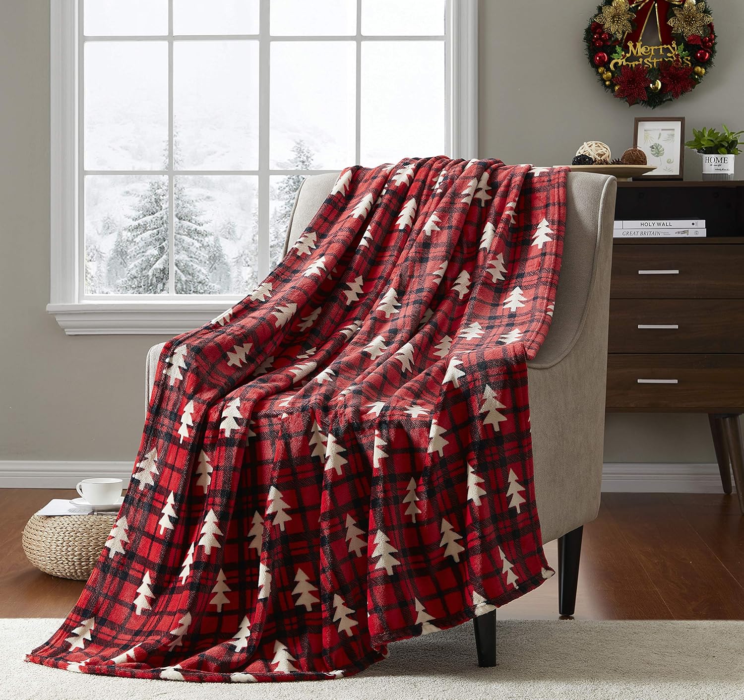 Christmas Tartan Decorative Throw Blanket: Soft Comfy Fleece with Red and Black Plaid Pattern with White Tree Accent for Couch Bed, Colored: Red Black White (Tree Check)