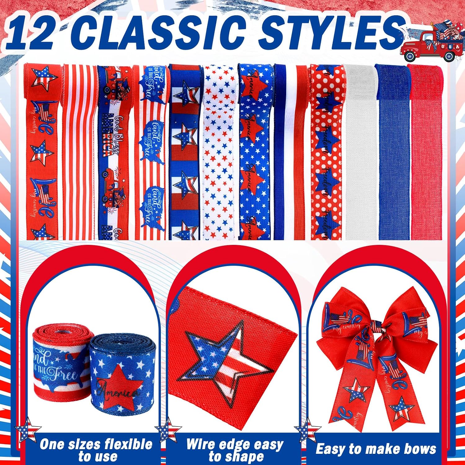 12 Rolls 60 Yards Memorial Day Ribbon Stars and Stripes Burlap Wired Edge Ribbon White Blue Red Crafts for 4th of July 250th Anniversary Patriotic Independence Day Gift Wrapping DIY Bow Craft