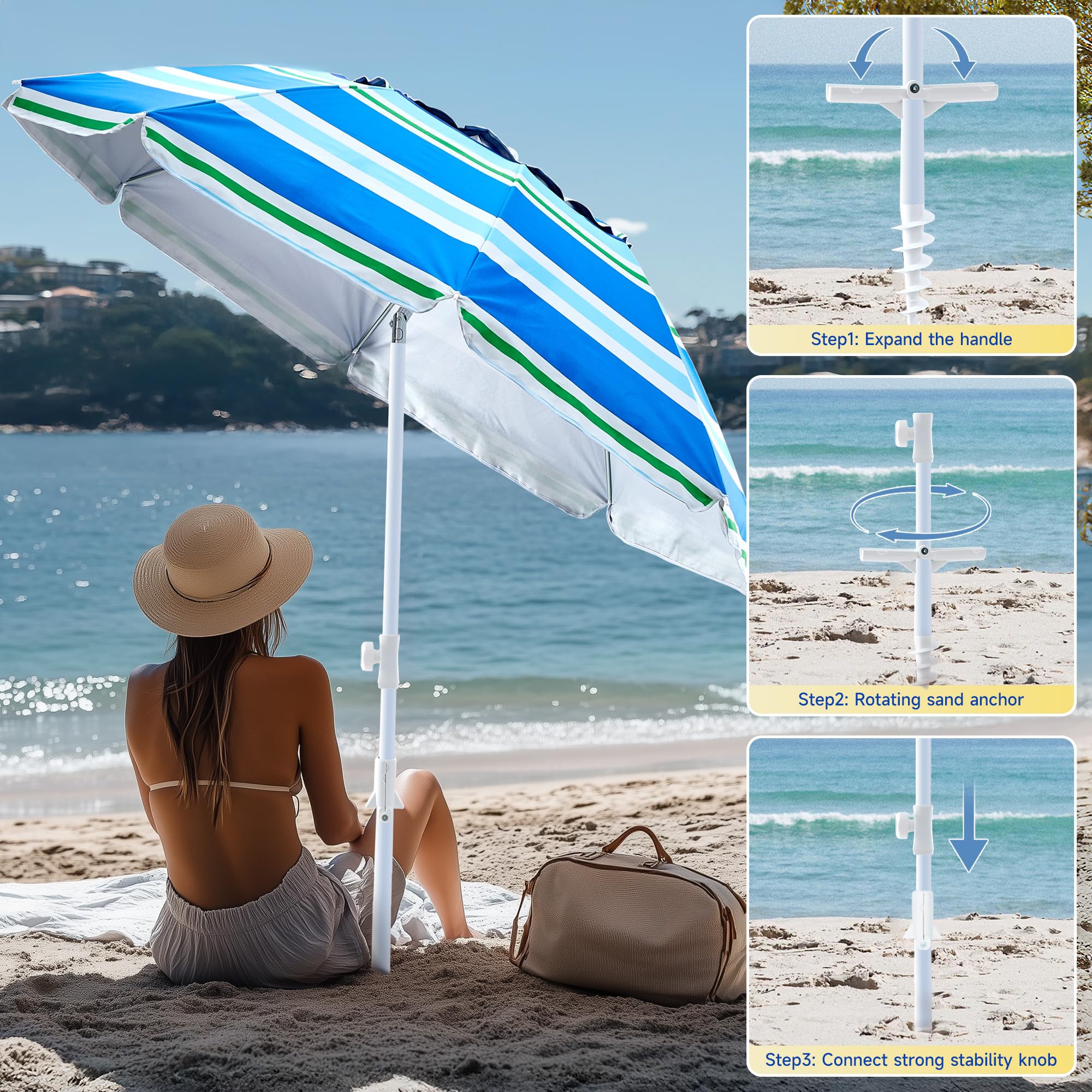 Boho-Terrassen-Umberlla mit Fransen, LSF 50+, Outdoor-Regenschirm mit Fiberglas-Rippen und Druckknopf, Quasten-Regenschirm für Strand, Terrasse, Picknick, 1,8 m
