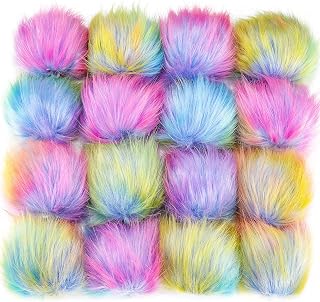 16 Pieces Faux Fur Pom Pom Ball DIY Fur Pom Poms for Hats Shoes Scarves Bag Pompoms Keychain Charms Knitting Hat Accessories (Colorful)