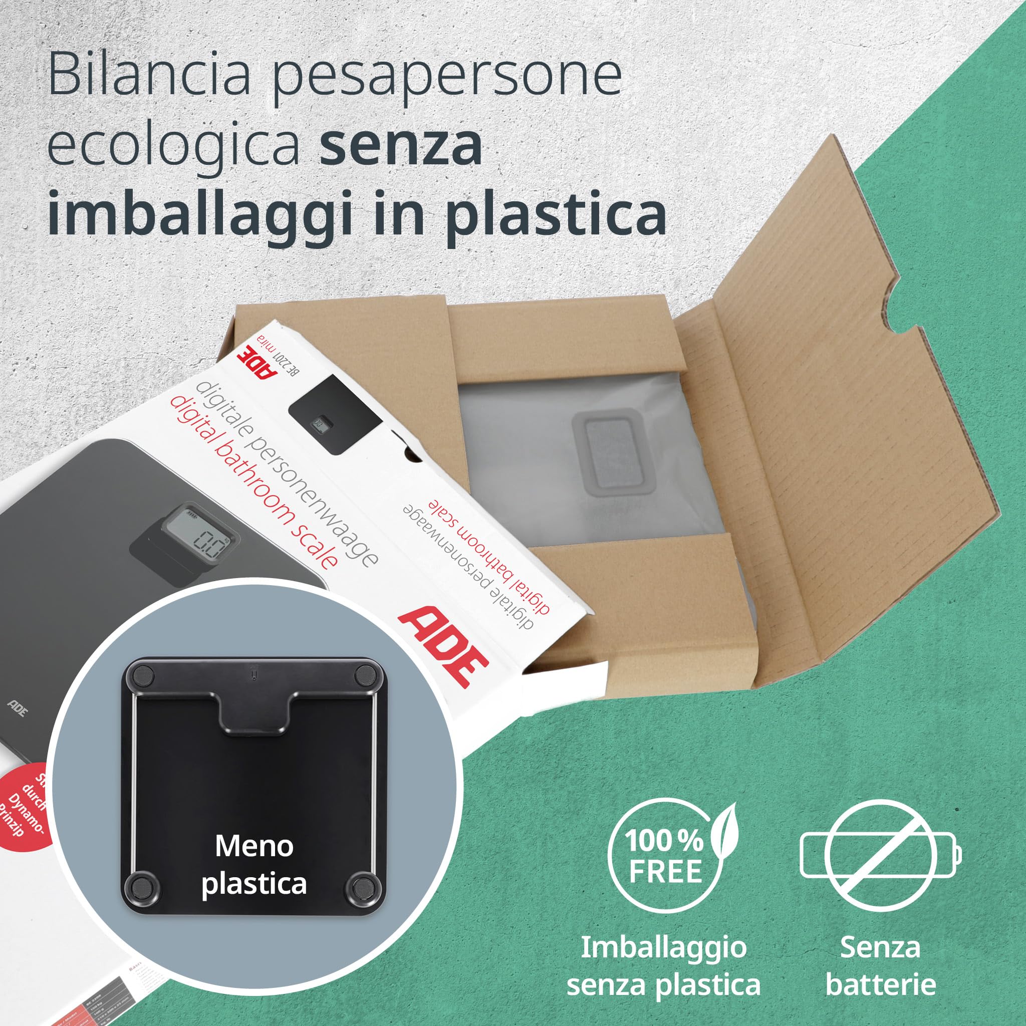 ADE Bilancia pesapersone digitale senza bateria | trazione dinamica rispettosa dell'ambiente | eco sostenibile | fino a 150 kg | nero