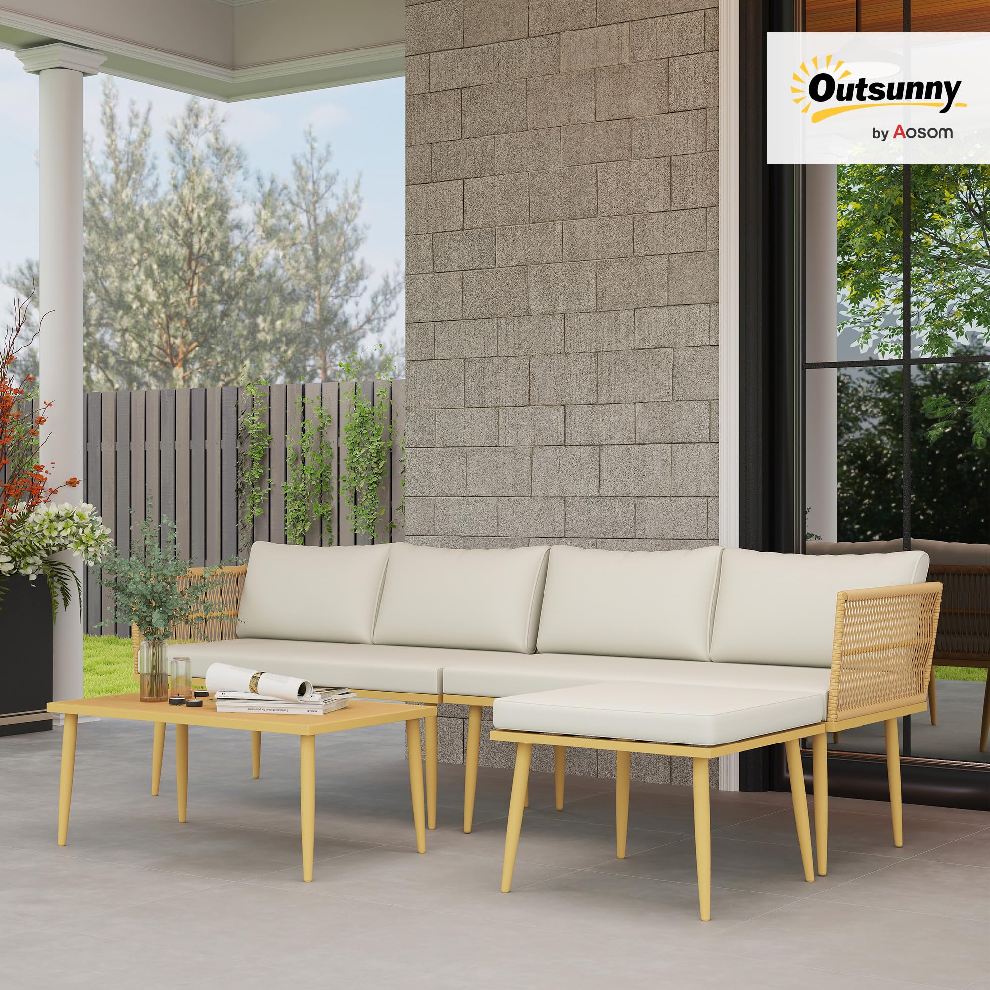 Outsunny Salon de Jardin Extérieur 5 Places Résine Tressée Modulable Crème | Mobilier de Jardin, 2 Canapés, Pouf, Table Basse, Coussins Déhoussables Inclus, pour Balcon Terrasse Véranda